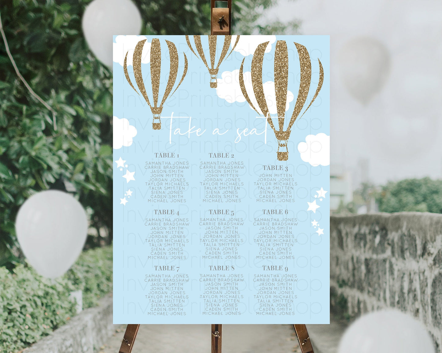 Hot Air Balloon Seating Chart Hot Air Balloon Seating Chart Adventure Awaits Up & Away Glitter Blue Watercolor Seating Take a Seat D10332