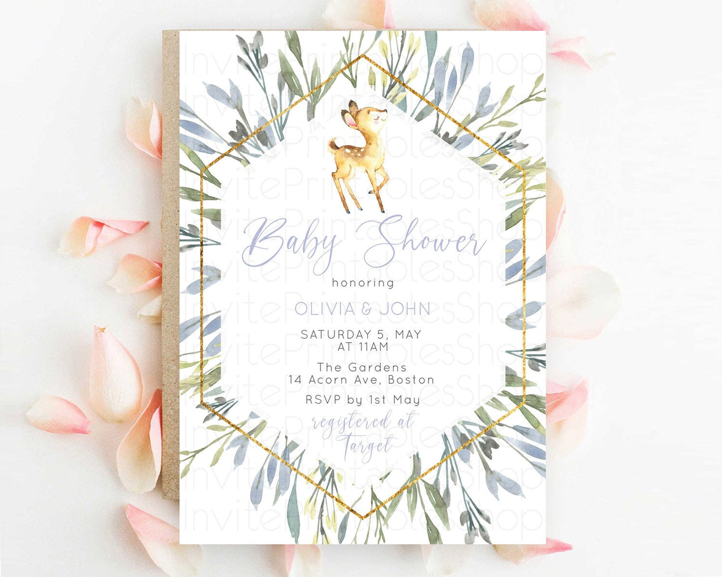 Fawn Baby Shower Invitation, Forest Deer, Pastel Greenery, Whimsical Theme, Rustic Woodland, Organic Soft Green with Gold Accents D10400