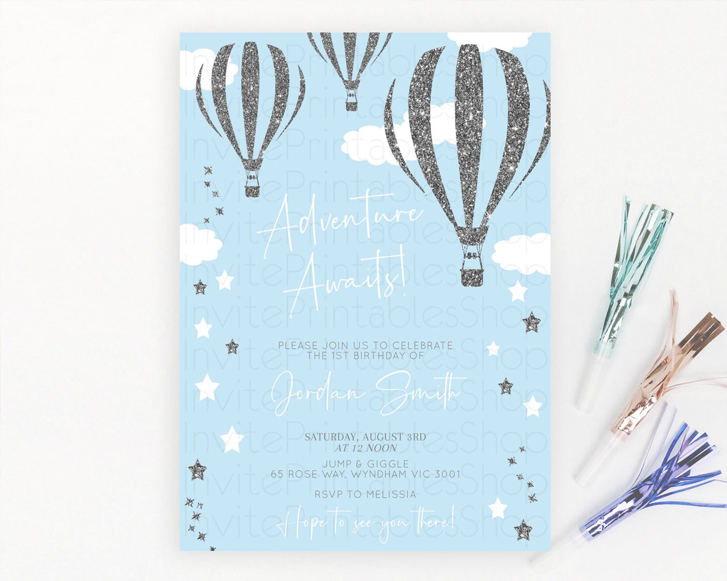 Hot Air Balloon Birthday Invitation Hot Air Balloon Invites Adventure Awaits Up Up & Away Glitter Blue Watercolor 1st Birthday Boy D10335