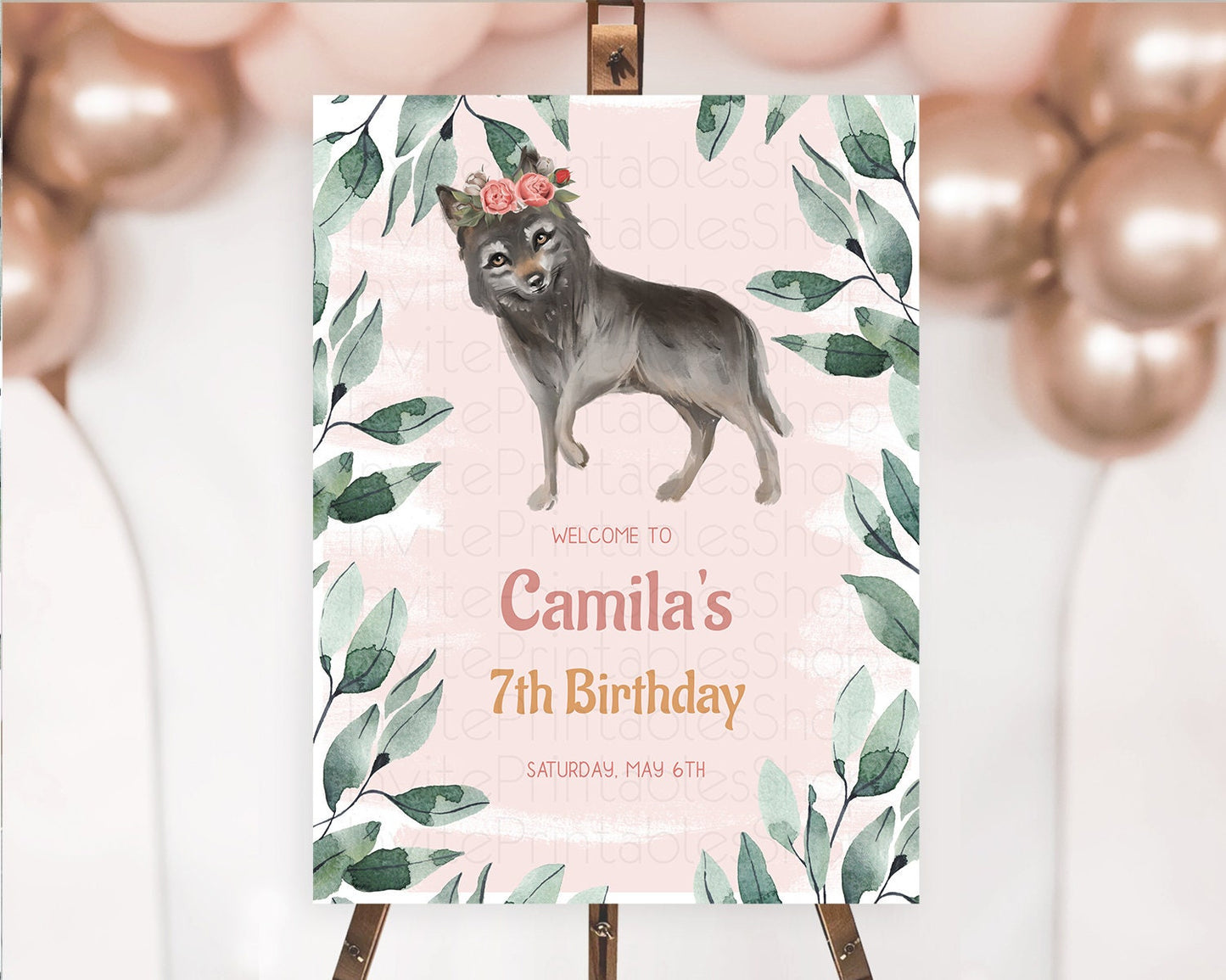 Wolf Welcome Sign Wolf Welcome Board Pastel Floral Wolf Welcome Poster Forest Wolf Party Décor Wolf First Birthday Welcome Sign D10535