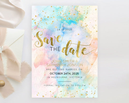 Editable Pastel Save The Date Template Pastel Ombre Rainbow Watercolor Color