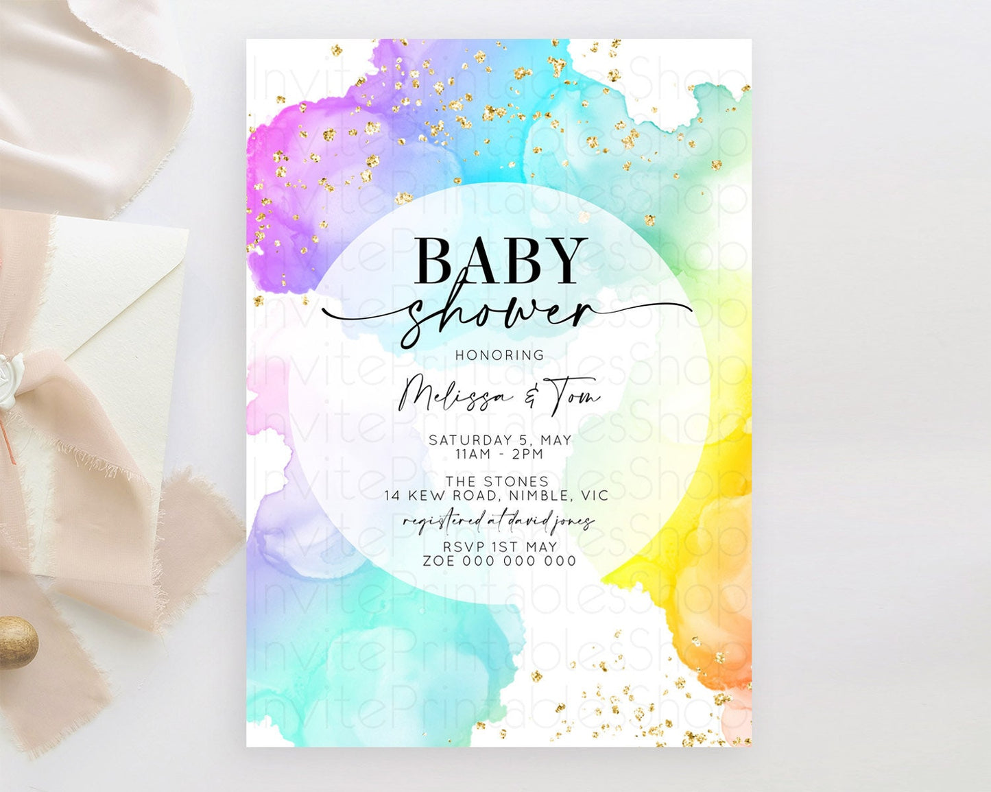 Pastel Baby Shower Invitation Rainbow Baby Shower Invitation Colorful Pastel Watercolor Invitation Gold Glitter Sprinkles Ombre D10213