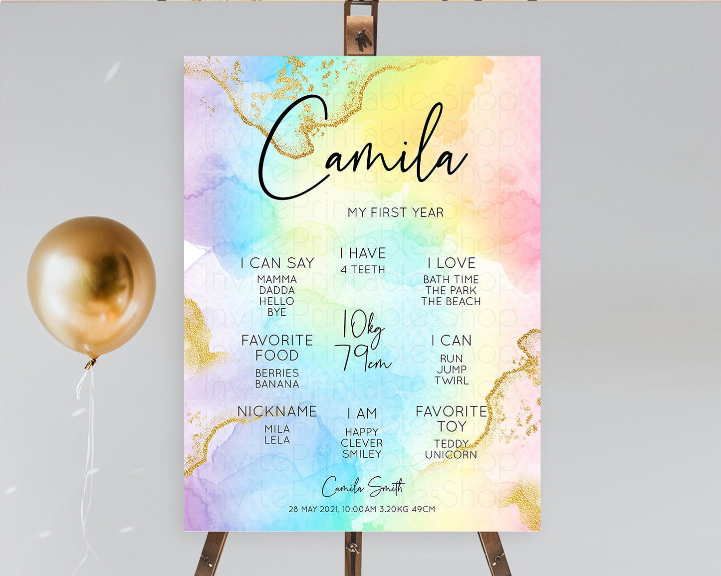 Pastel First Birthday Milestone Board Pastel Rainbow Milestone Poster Colorful Confetti Watercolor Glitter 1st Birthday Welcome Sign D10588
