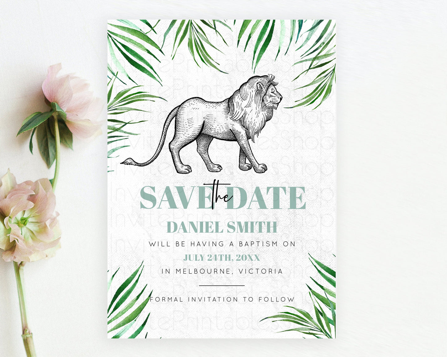 Lion Save The Date Template Lion Safari Adventure Party Dried Palm Ferns Zoo 1st Birthday Baptism Baby Shower Bridal Shower Wedding D10845