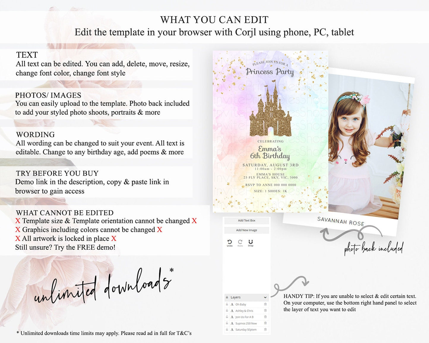 Princess Birthday Invitation Princess Invitation Pastel Invitation Royal Birthday Rainbow Color Enchanted Castle 1st First Birthday D10658