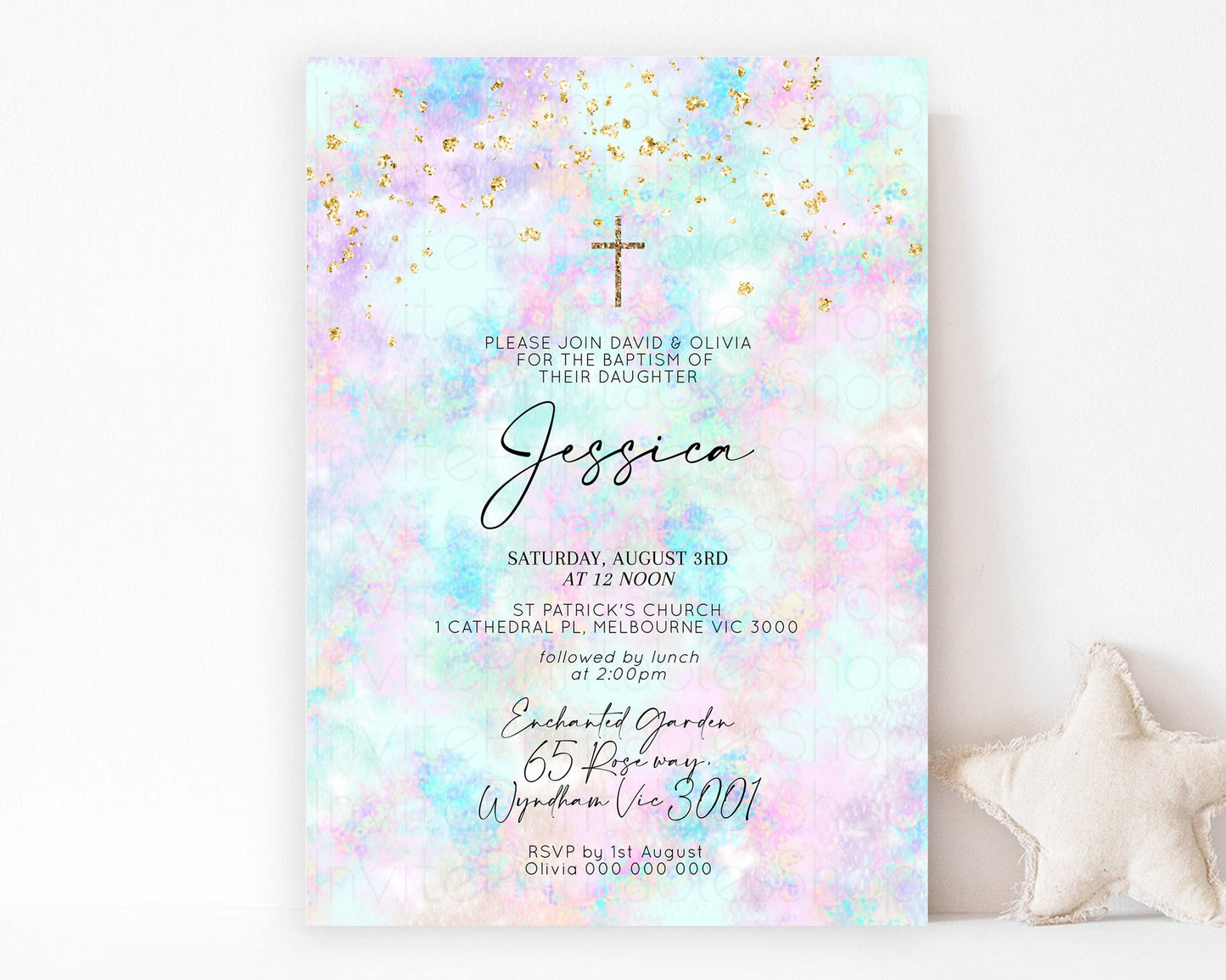 Pastel Baptism Invitation Rainbow Christening Invitation Holy Communion Invite Baptism 1st Birthday Sprinkles Ombre Watercolor Splash 605