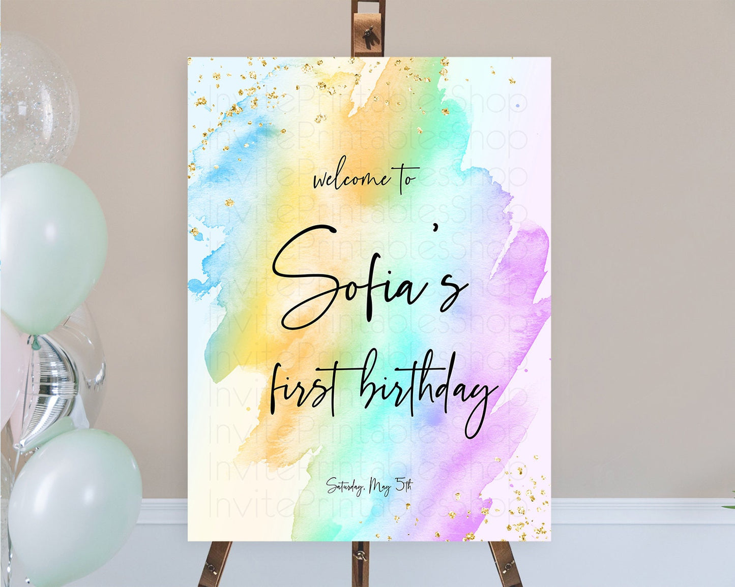 Pastel Welcome Sign Pastel Rainbow Welcome Sign Colorful Rainbow Confetti Watercolor Glitter Pastel First Birthday Welcome Sign D10425