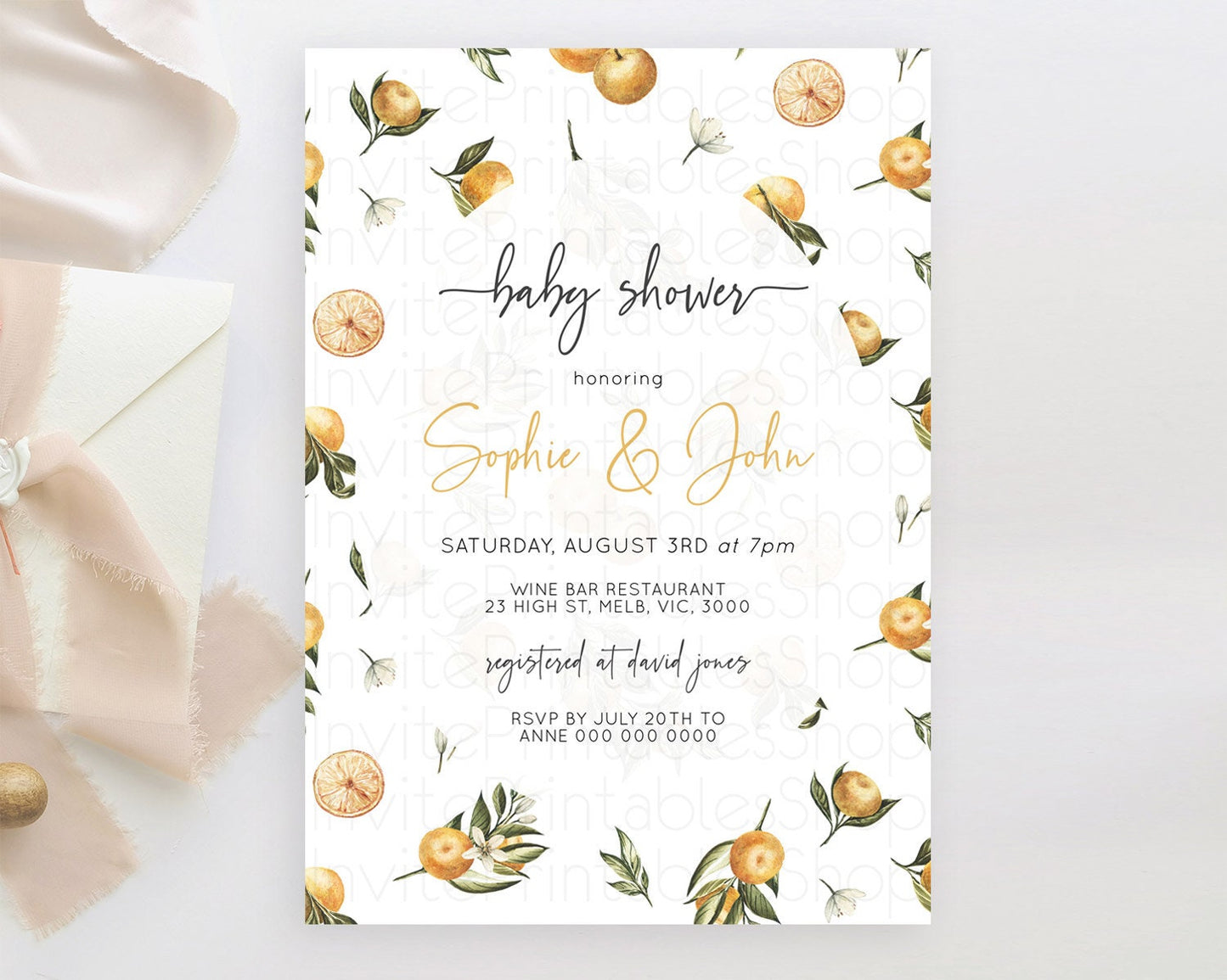 Citrus Baby Shower Invitation Orange Lemon Invitation Citrus Floral Garden Theme Citrus Floral Watercolor Invitation D10545