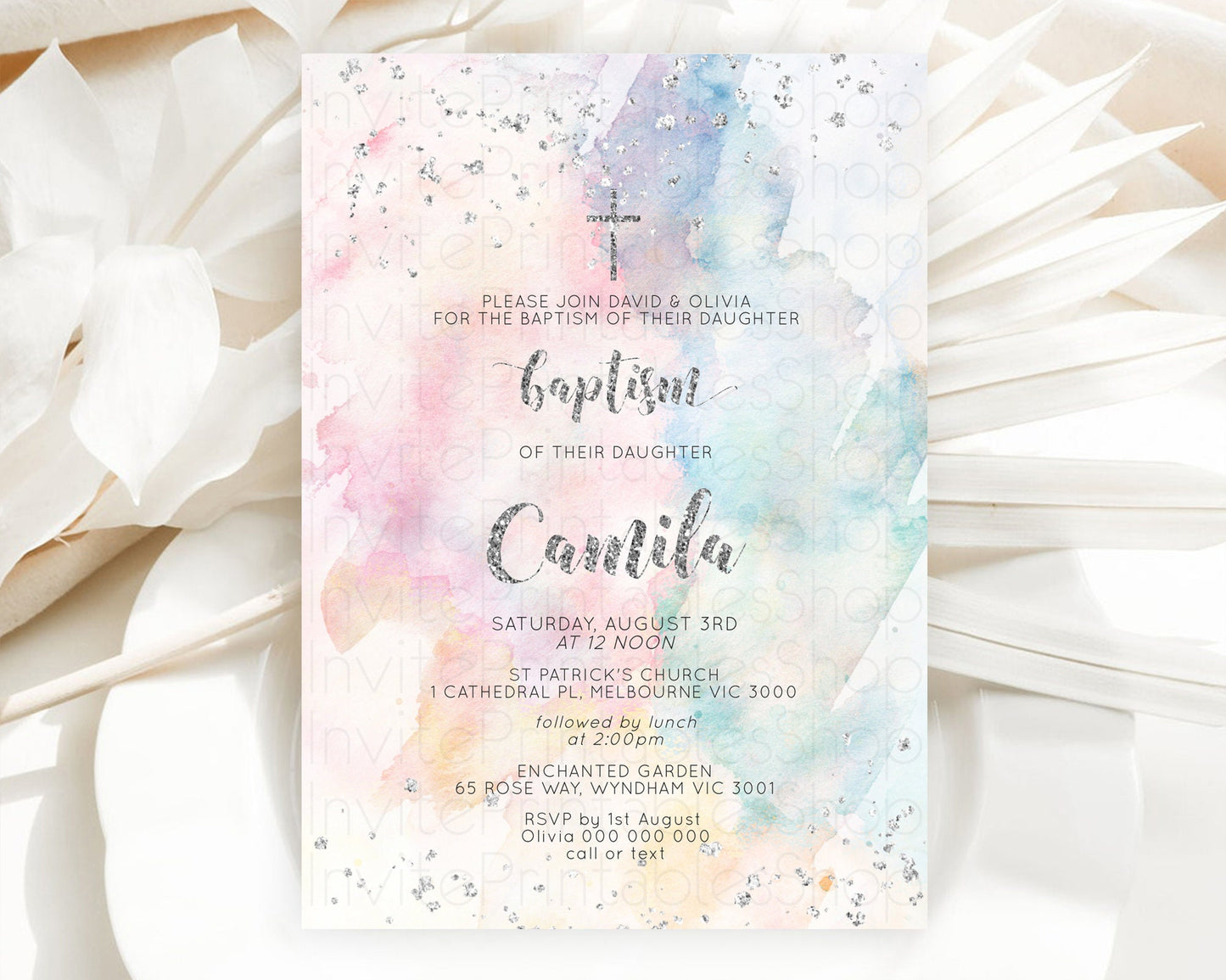 Rainbow Baptism Invitation Colorful Pastel Watercolor Baptism 1st Birthday Invitation Silver Glitter Ombre Christening Invitation D10944