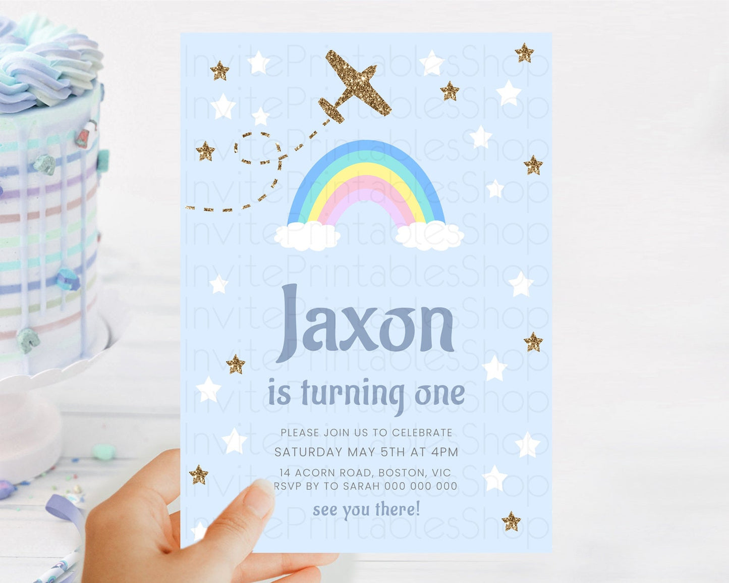 Plane Birthday Invitation Plane Invite Pastel Rainbow Clouds Stars Party Adventure Awaits Up Up Away Glitter 2nd 1st First Birthday D10220