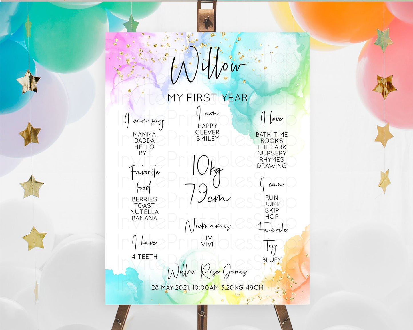 Pastel First Birthday Milestone Board Pastel Rainbow Milestone Poster Colorful Confetti Watercolor Glitter 1st Birthday Welcome Sign D10181