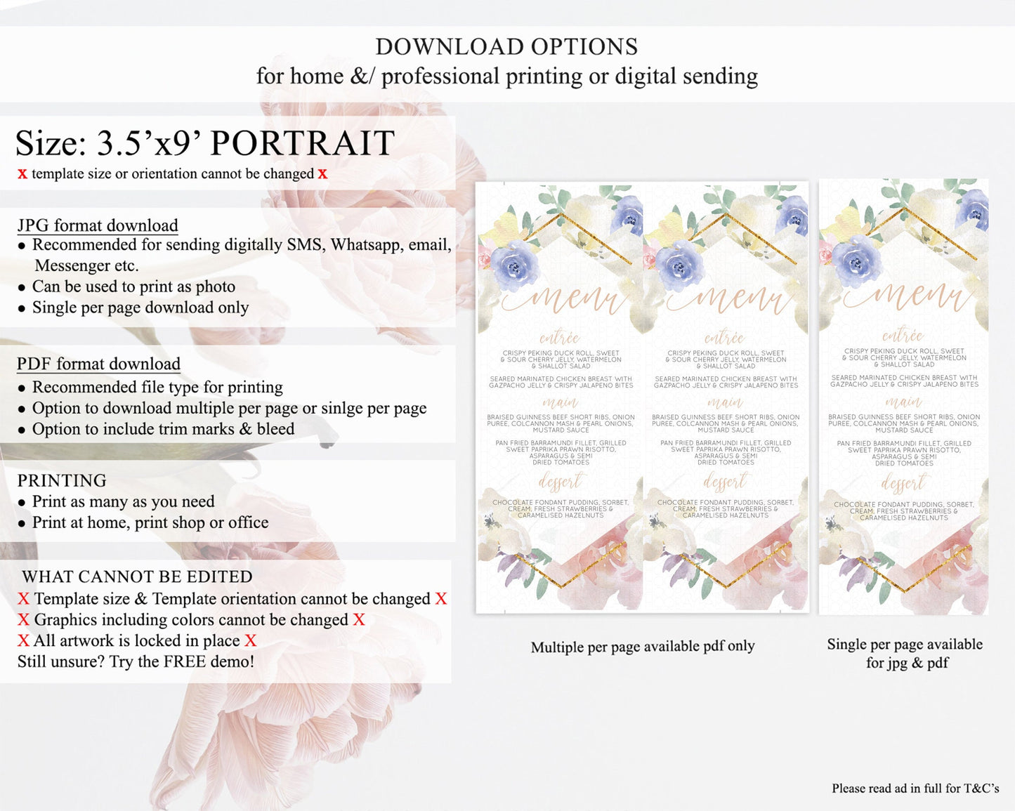 Secret Garden Menu Wildflower Menu Template Pastel Flower Garden Table Decor Boho Floral Dinner Dessert Floral Party Food Menu D10254