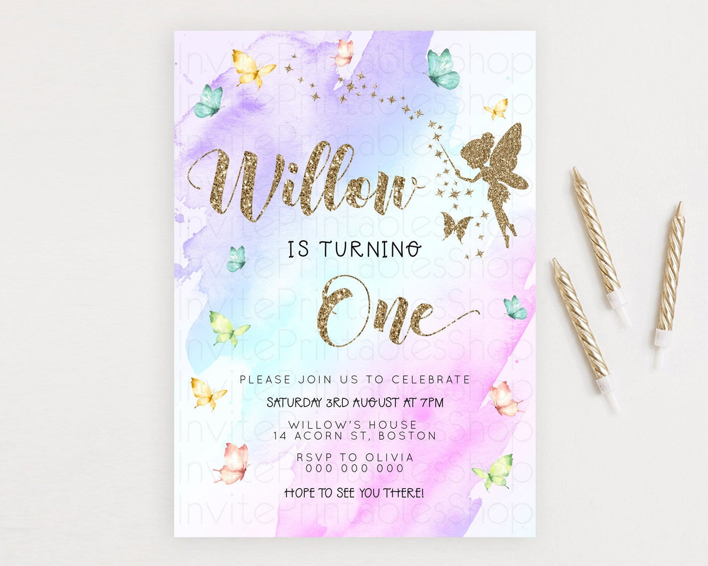 Pastel Fairy Birthday Invitation Pastel Butterflies Fairy Birthday Invitation Rainbow Ombre Watercolor 1st 2nd Birthday Invitation D23330
