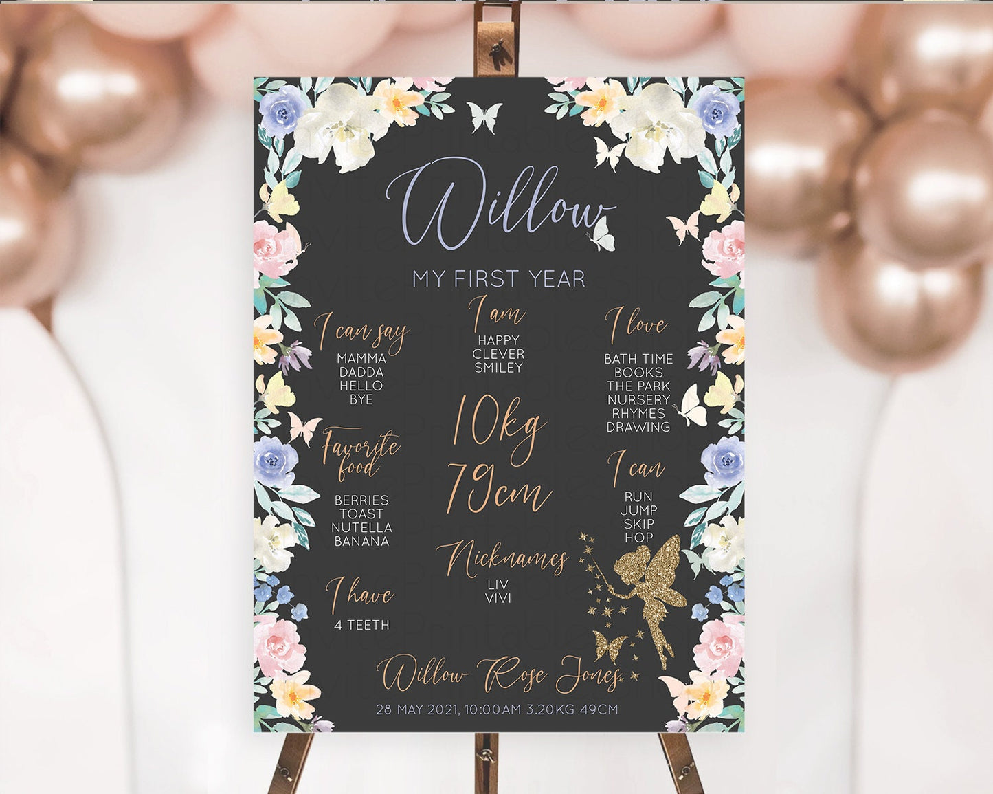 Fairy First Birthday Milestone Poster Fairy Secret Garden Milestone Board Enchanted Garden Pastel Floral Butterfly 1st Birthday Sign D11000