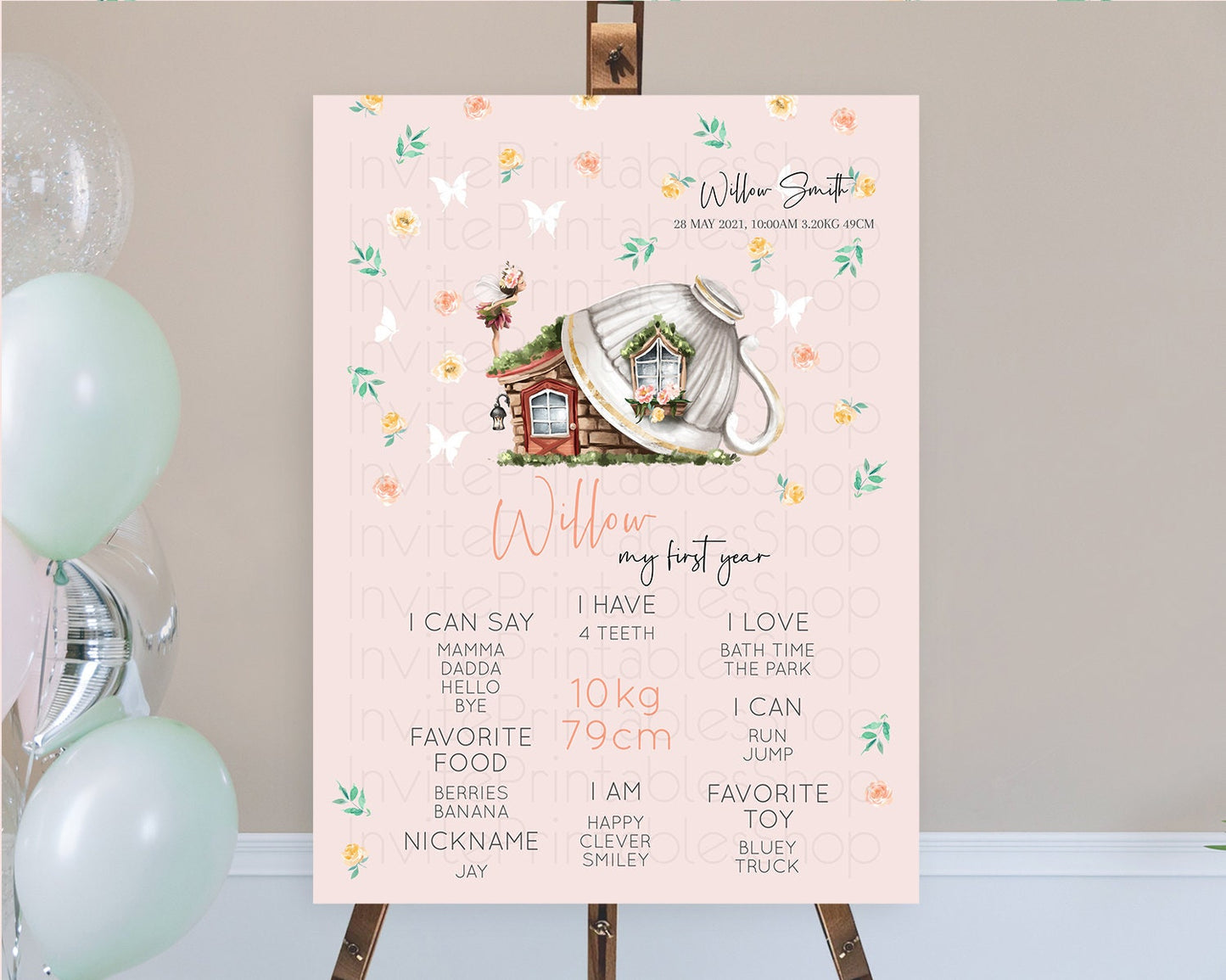 Fairy First Birthday Milestone Poster Fairy Secret Garden Milestone Board Enchanted Garden Pastel Floral Butterfly 1st Birthday Sign D10384