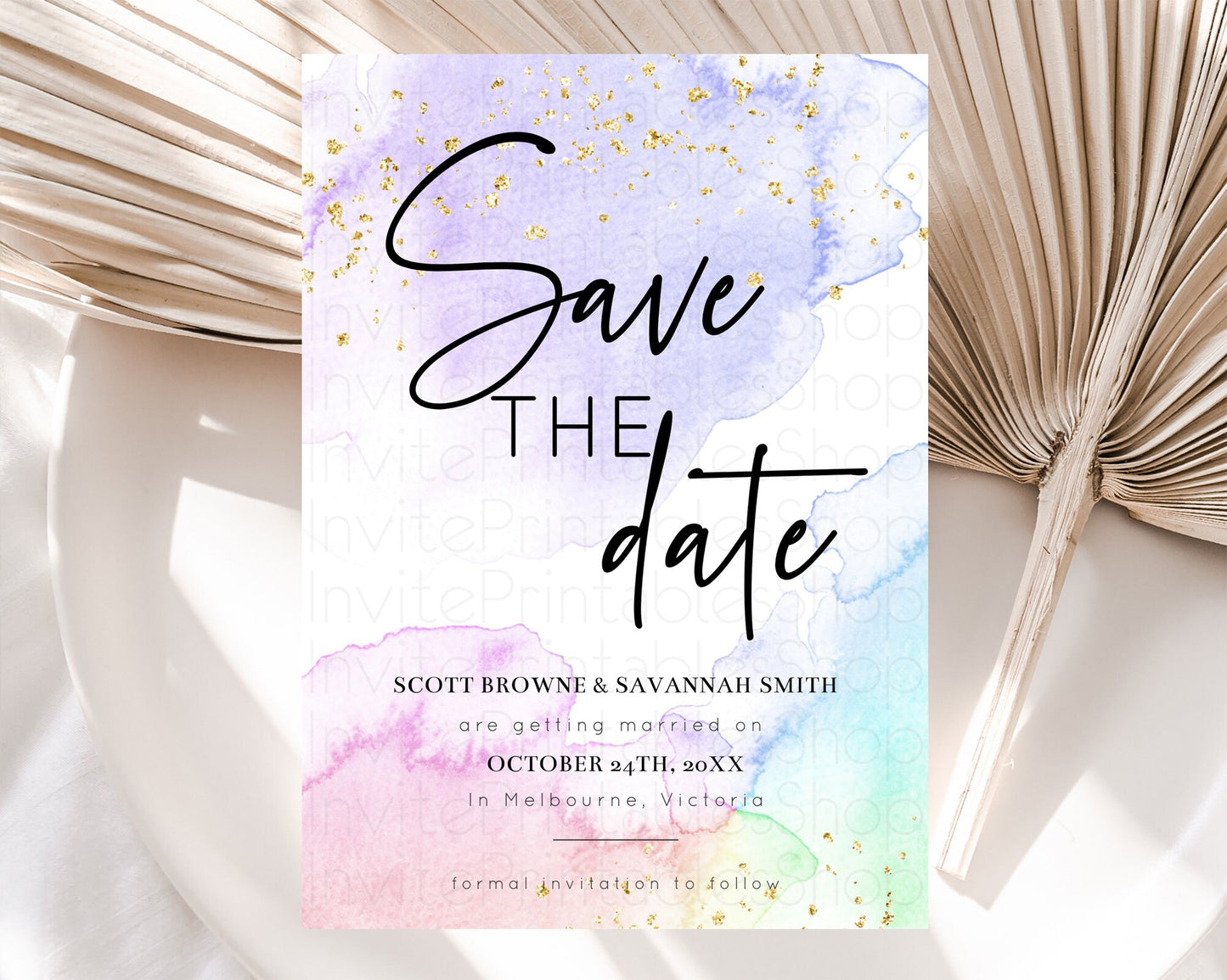 Pastel Save The Date Template Pastel Ombre Rainbow Watercolor Colorful Party For Birthday Baptism Baby Shower Wedding Bridal Shower D10215