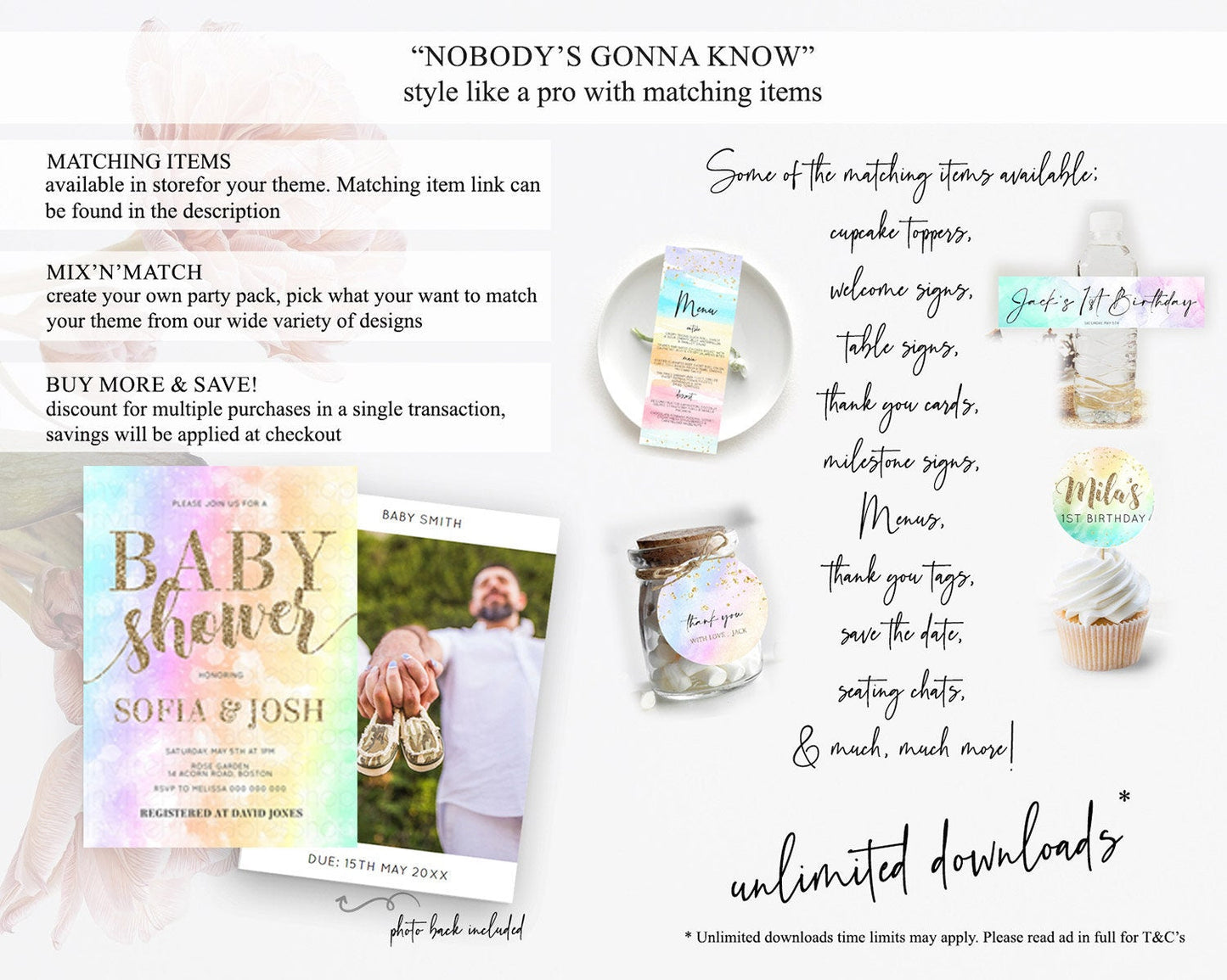 Pastel Rainbow Baby Shower Invitation, Colorful Watercolor, Gold Glitter Sprinkles - Teal, Pink, Purple, Orange, Yellow, Green Ombre D10648