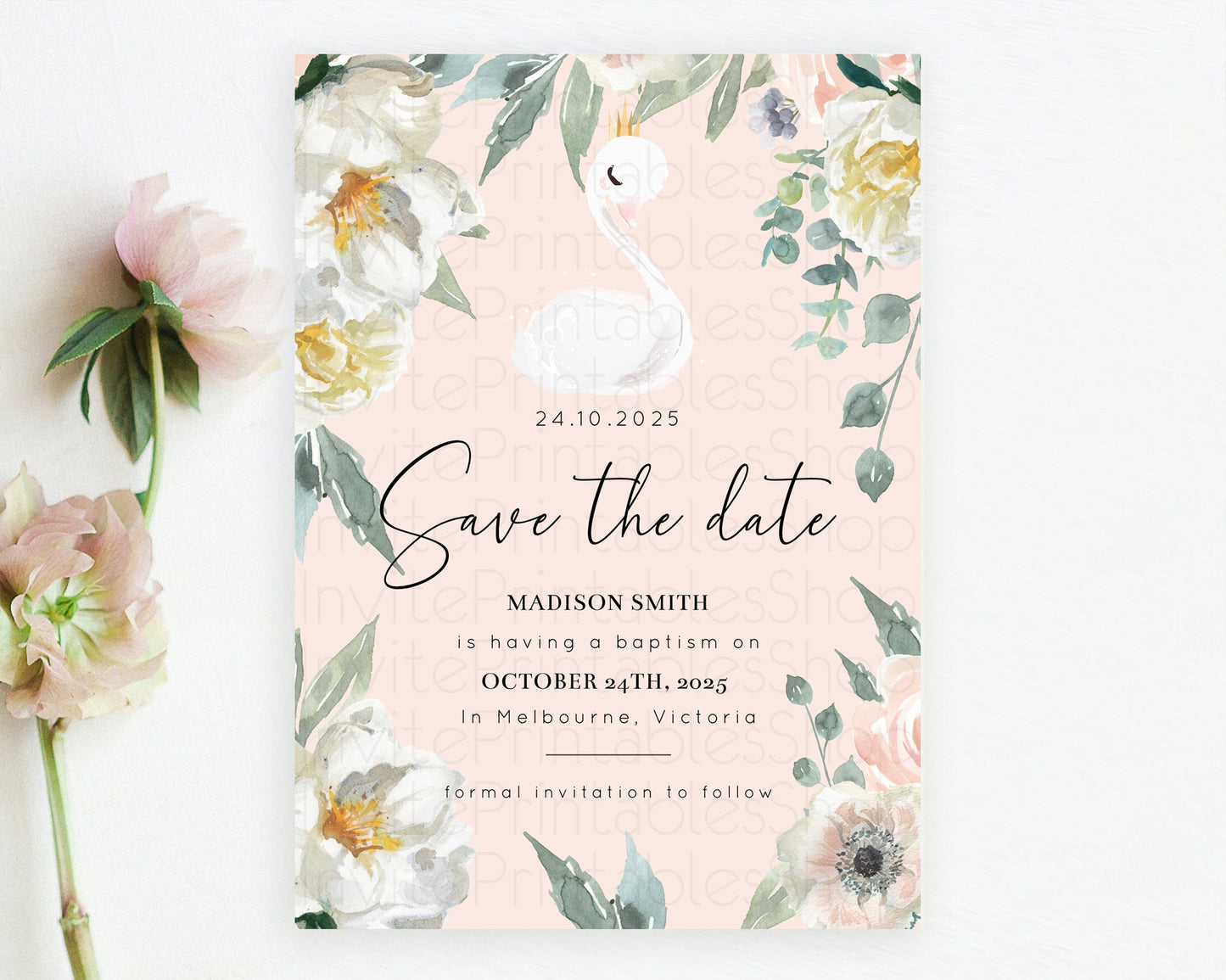 Swan Save The Date Template Swan Princess Ballet Party Enchanted Swan Lake Secret Garden Pastel Floral Birthday Baptism Baby Shower  D10755