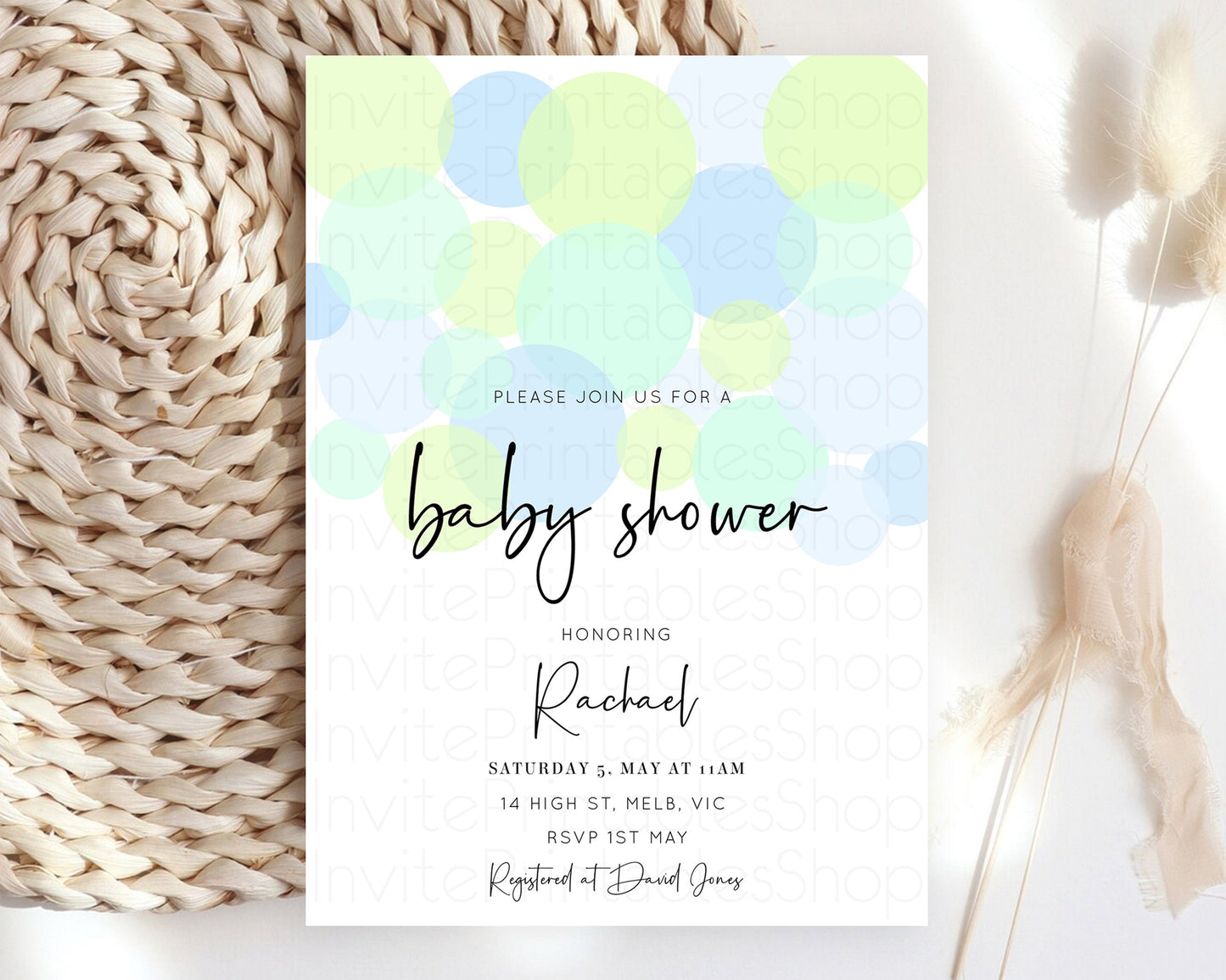 Pastel Baby Shower Invitation Colorful Rainbow Bubbles Confetti Sprinkles Blue Pink Yellow Green Boy Girl Gender Reveal Neutral 208