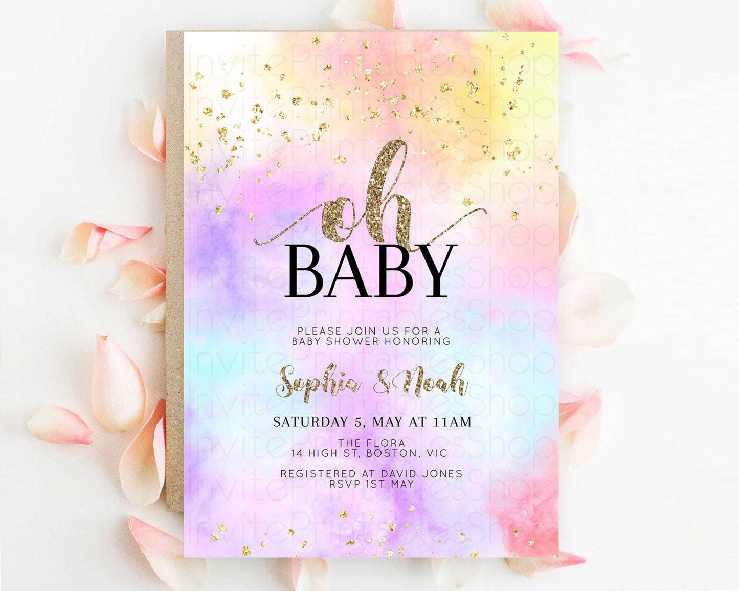 Pastel Baby Shower Invitation Rainbow Baby Shower Invitation Colorful Pastel Watercolor Invitation Gold Glitter Sprinkles Ombre D10435