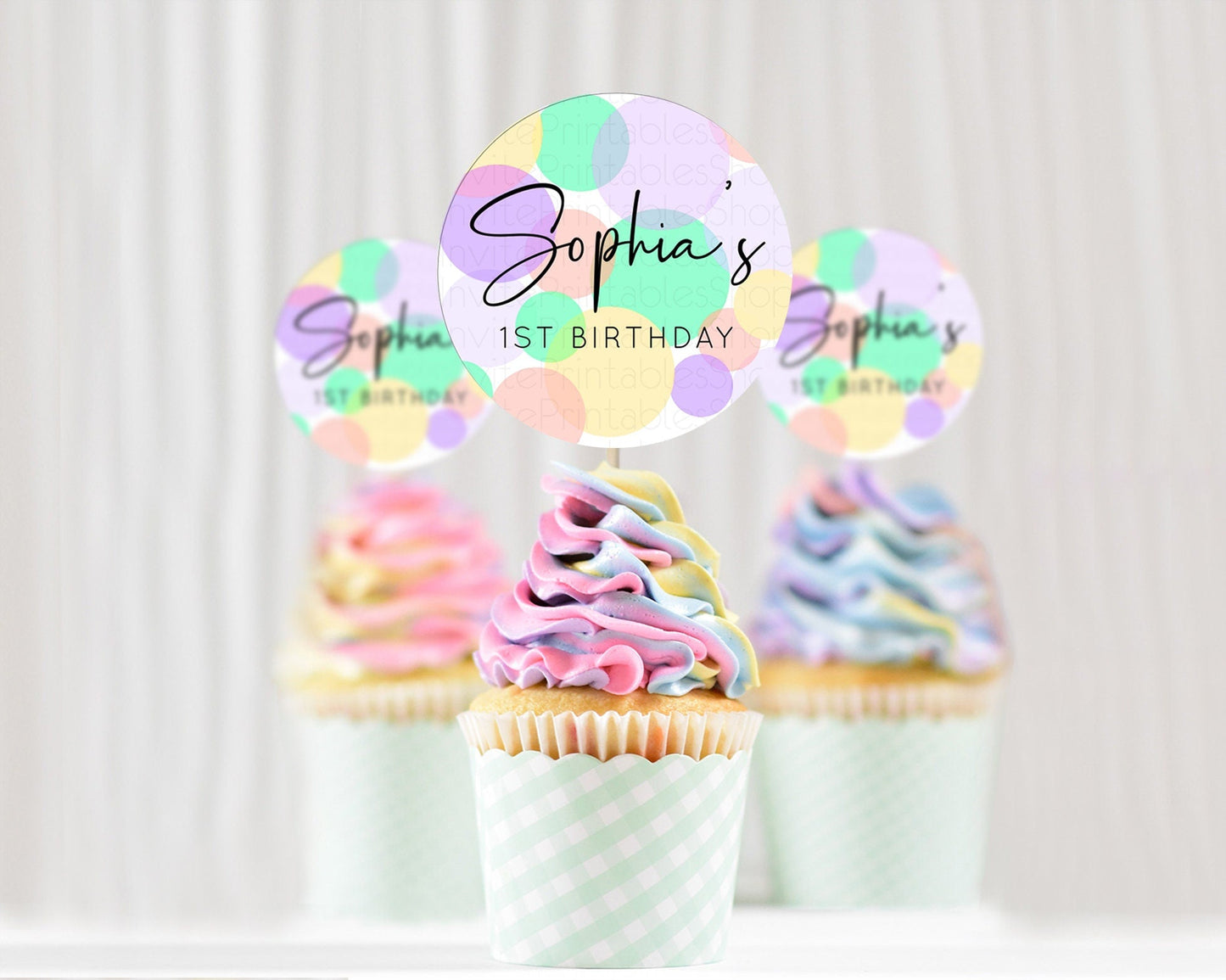 Pastel Cupcake Toppers Pastel Confetti Cupcake Topper Bubbles Sprinkles Colorful Rainbow Confetti Cupcake First Birthday Party Decor D10380