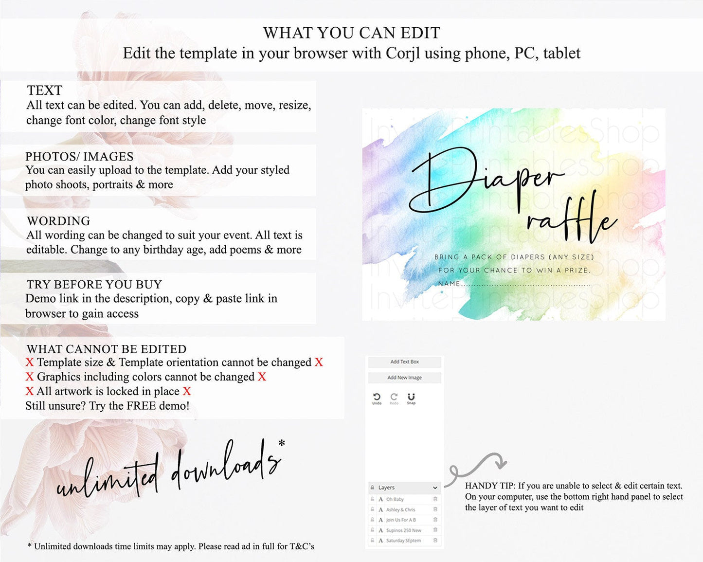 Pastel Diaper Raffle Card Pastel Rainbow Diaper Raffle Insert Colorful Ombre Watercolor Diaper Ticket Confetti Glitter Raffle Game D10279