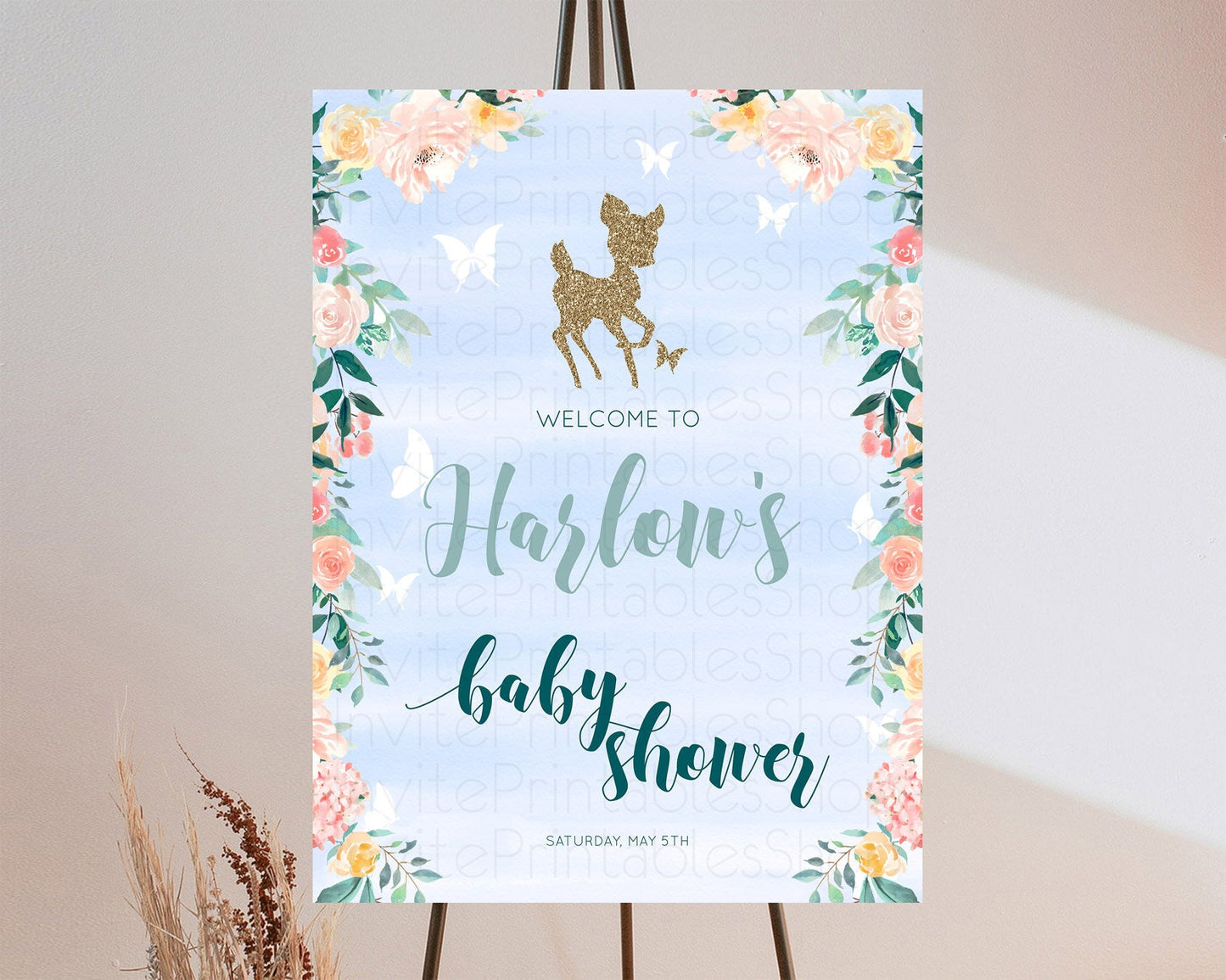 Fawn Baby Shower Welcome Sign Deer Welcome Board Floral Deer Welcome Poster Enchanted Forest Butterfly Pastel Floral Welcome Sign D10875