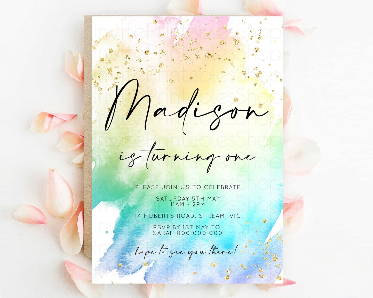 Rainbow Birthday Invitation Colorful Pastel Watercolor Invitation Gold Glitter Sprinkles Ombre Pastel 1st 2nd 3rd Birthday D11028