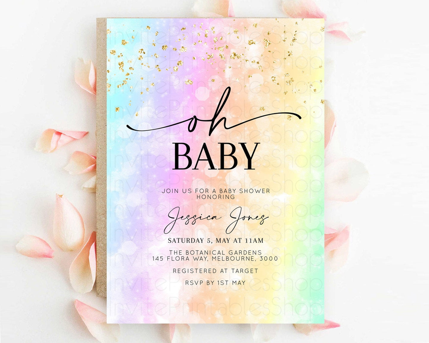 Pastel Watercolor Baby Shower Invitation with Iridescent & Gold Glitter Sprinkles, Ombre Effect - Teal, Purple, Yellow, and Green D10647