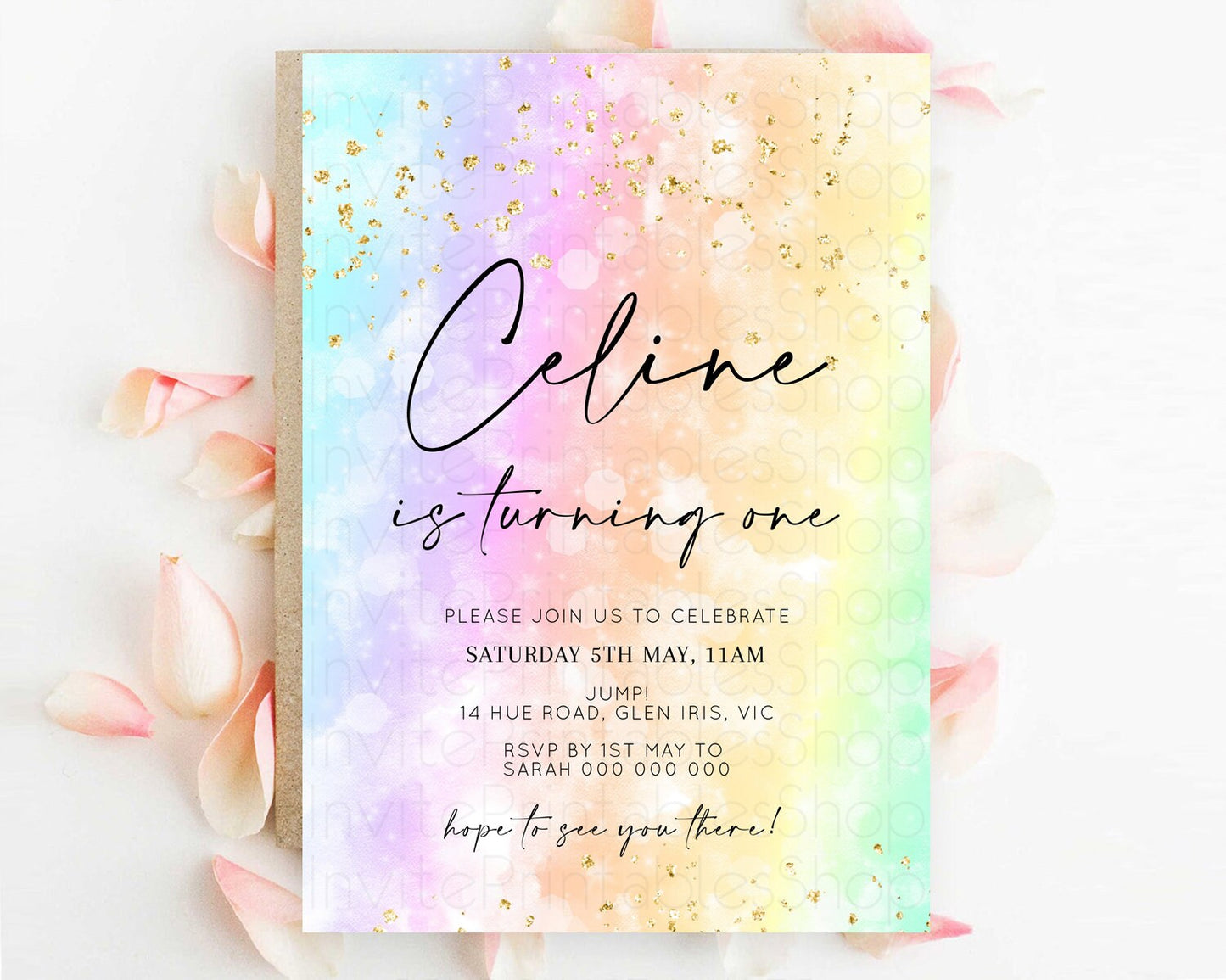 Rainbow Birthday Invitation Colorful Pastel Watercolor Invitation Gold Glitter Sprinkles Ombre Pastel 1st 2nd 3rd Birthday D10647