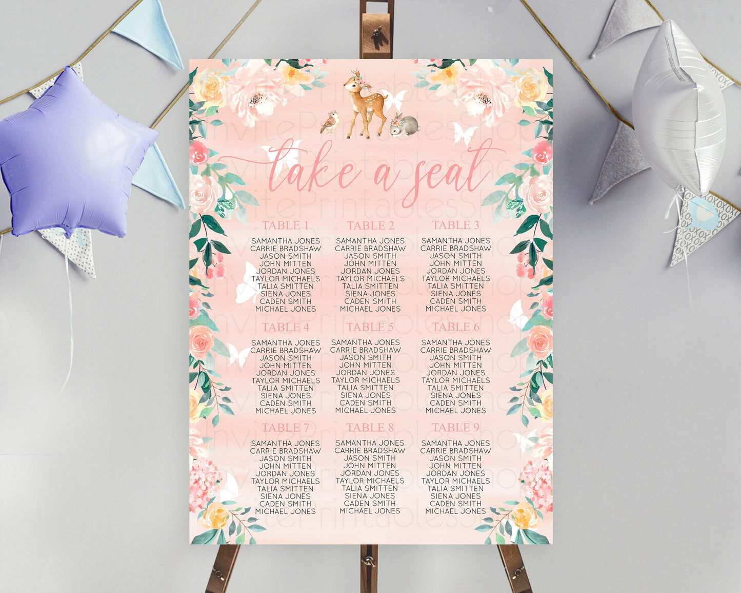 Fawn Seating Chart Deer Seating Chart Enchanted Forest Party Butterfly Pastel Flowers Whimsical Seating Chart Woodland Seating Sign D10921