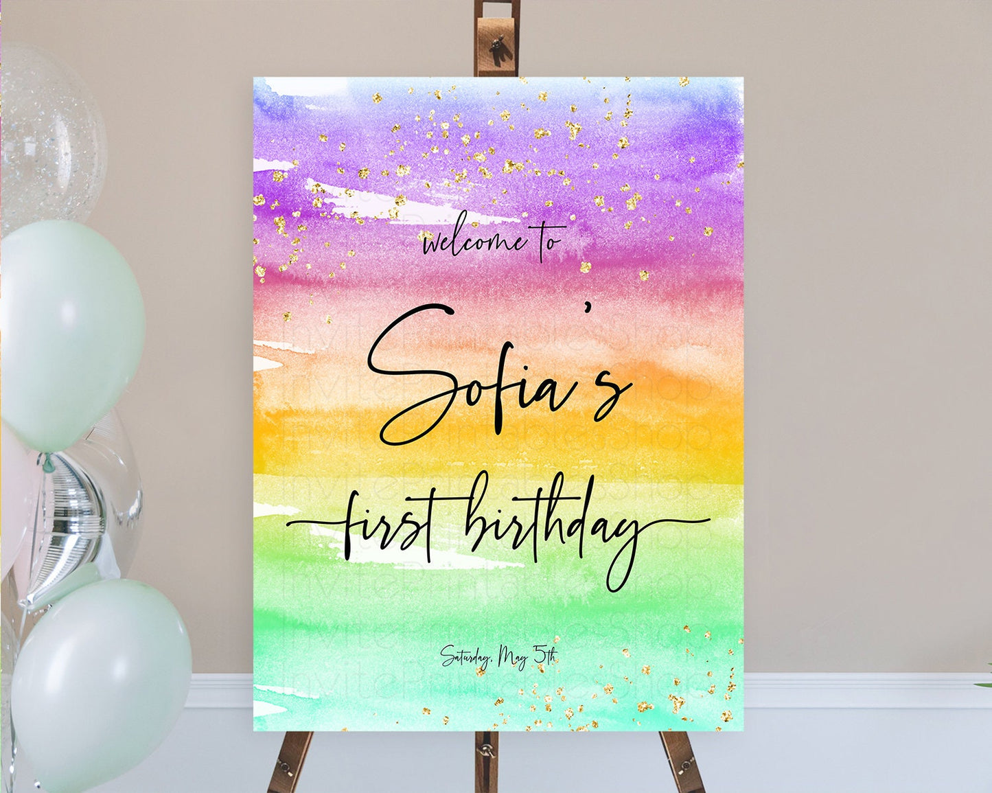 Pastel Welcome Sign Pastel Rainbow Welcome Sign Colorful Rainbow Confetti Watercolor Glitter Pastel First Birthday Welcome Sign D10524