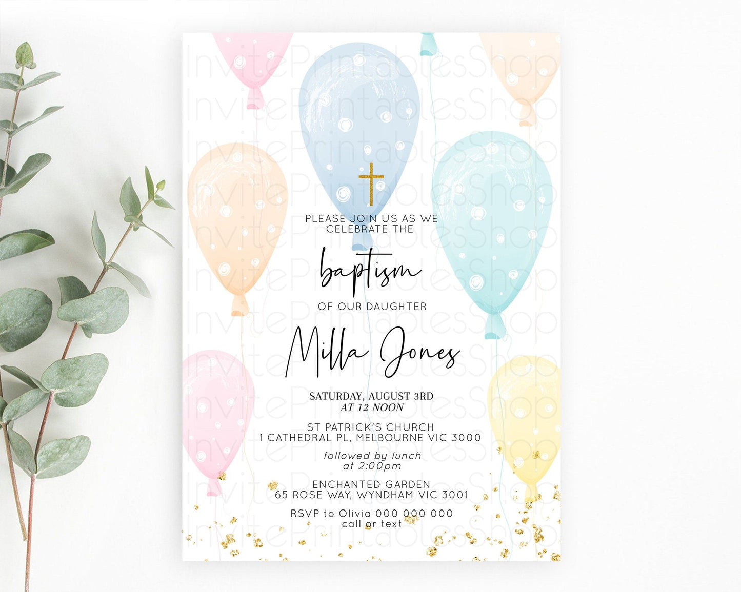 Balloon Baptism Invitation Pastel Baptism 1st Birthday Invitation Pastel Balloon Christening Invite Colorful Rainbow Balloon Invites D10776