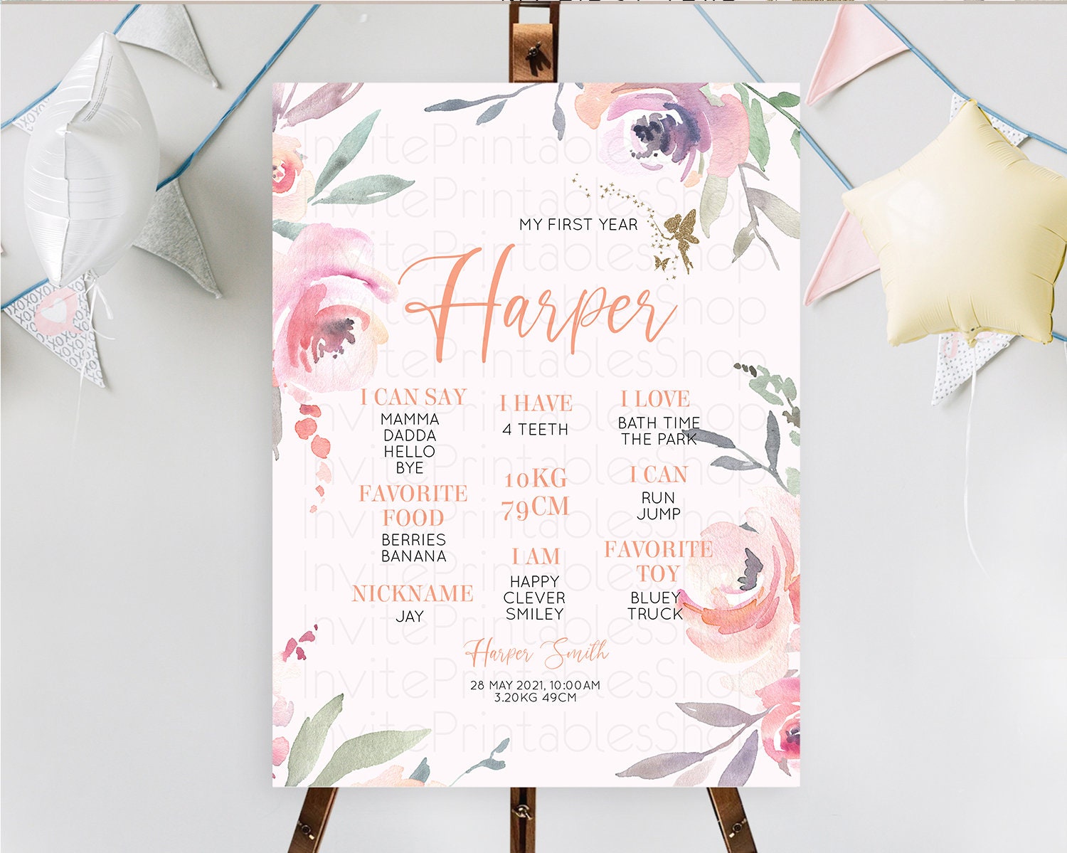 Editable Fairy First Birthday Milestone Poster Fairy Secret Garden Milestone