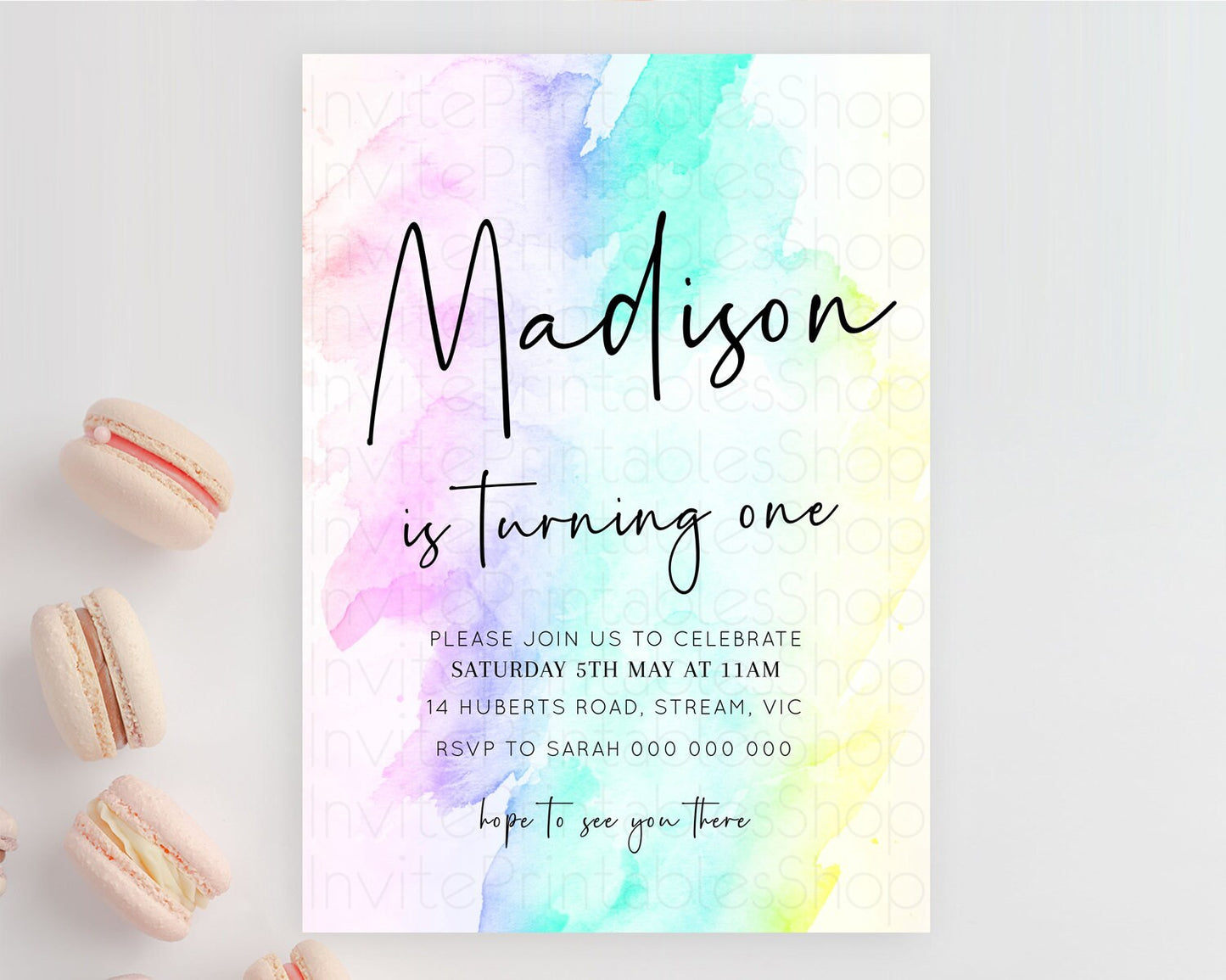 Rainbow Birthday Invitation Colorful Pastel Watercolor Invitation Gold Glitter Sprinkles Ombre Pastel 1st 2nd 3rd Birthday D10231