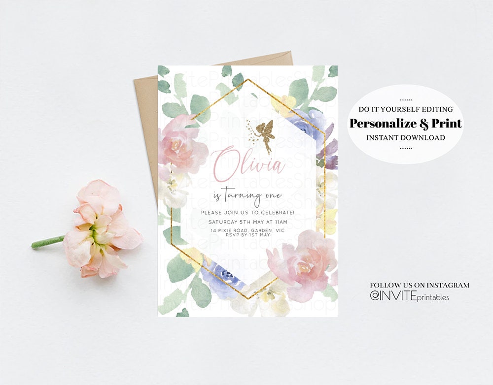 Editable Fairy Birthday Invitation Enchanted Garden Fairytale Watercolor Gli