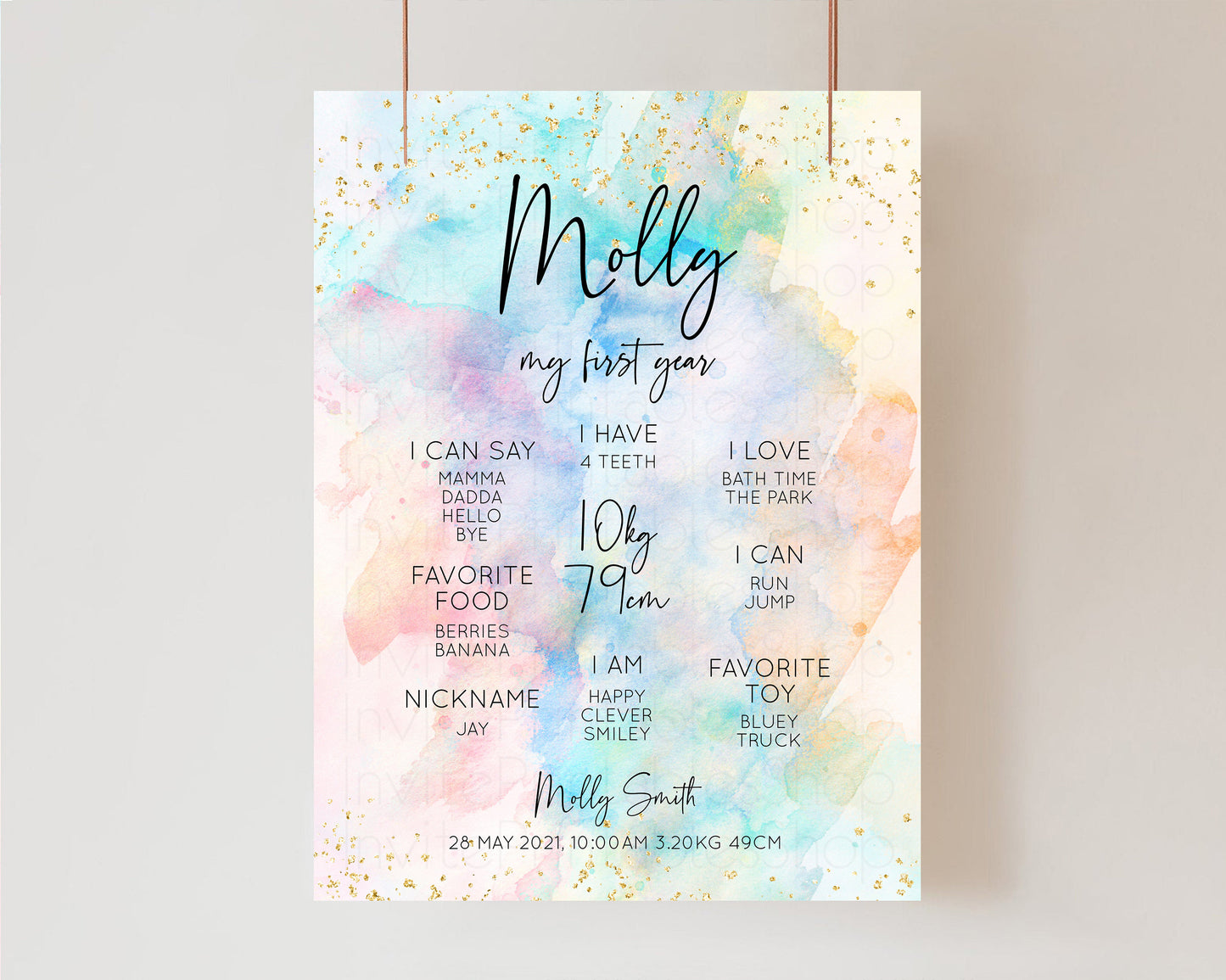 Pastel First Birthday Milestone Board Pastel Rainbow Milestone Poster Watercolor Glitter One Year Poster Colorful Splash Baby 1st Year 276v3