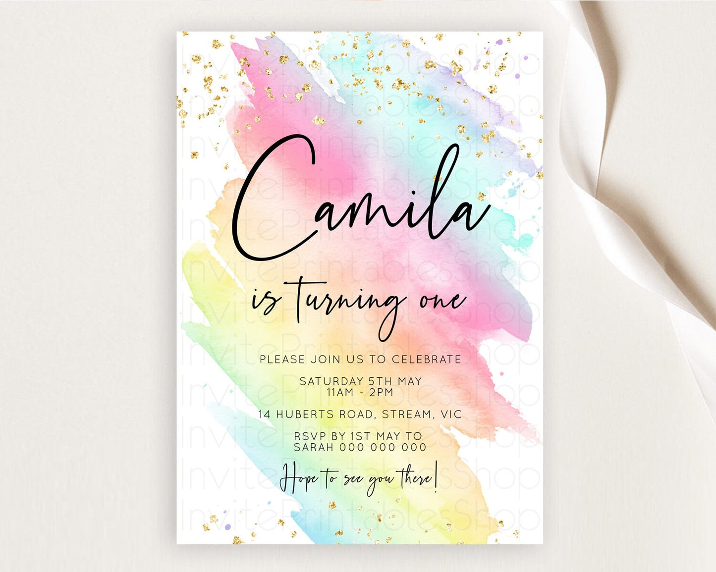 Rainbow Birthday Invitation Colorful Pastel Watercolor Invitation Gold Glitter Sprinkles Ombre Pastel 1st 2nd 3rd Birthday D10495