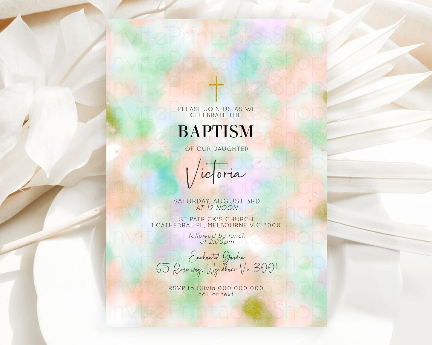 Pastel Baptism Invitation Pastel Colors Watercolor Baptism 1st Birthday Party Gold Ombre Pastel Rainbow Christening Holy Communion D10693