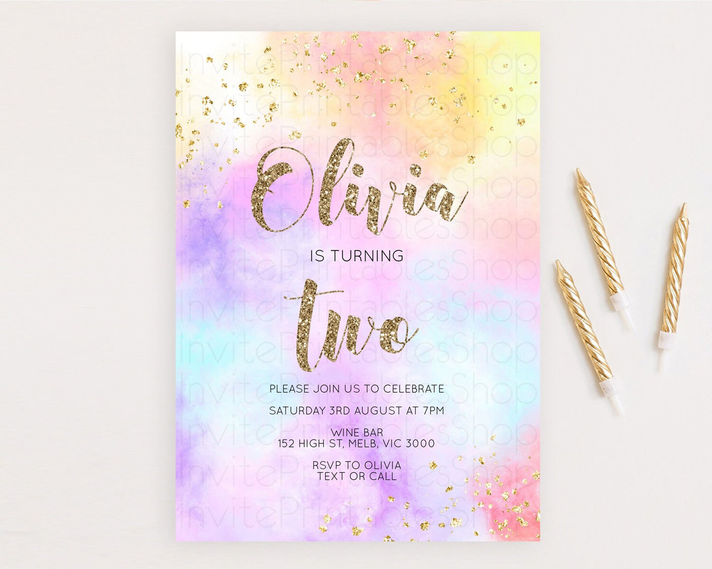Rainbow Birthday Invitation Colorful Pastel Watercolor Invitation Gold Glitter Sprinkles Ombre Pastel 1st 2nd 3rd Birthday D10435
