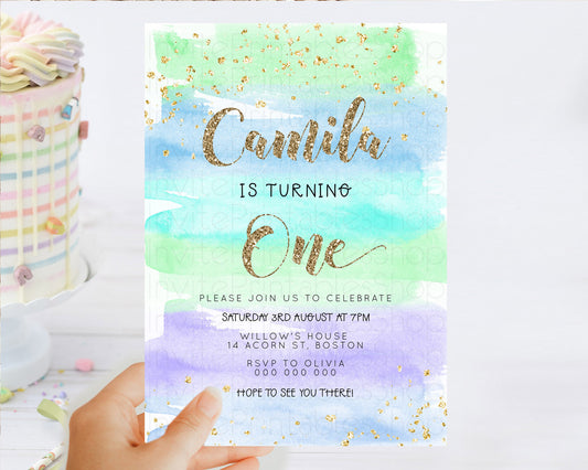 Rainbow Birthday Invitation Colorful Pastel Watercolor Invitation Gold Glitter Sprinkles Ombre Pastel 1st 2nd 3rd Birthday D23274