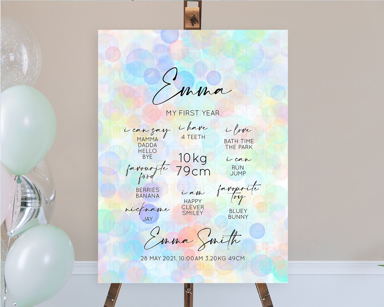 Editable Pastel First Birthday Milestone Board Bubble Bath Milestone Poster