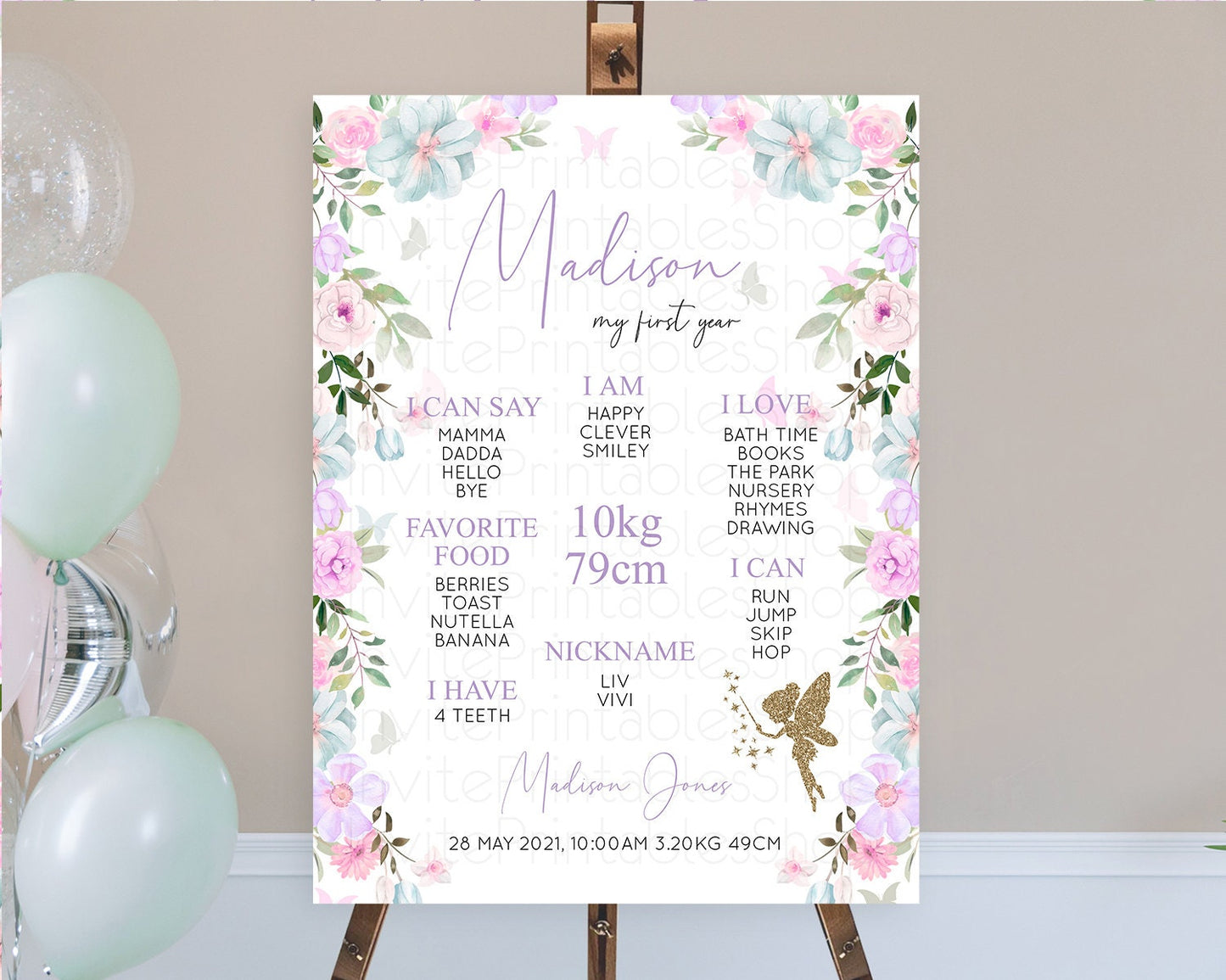 Fairy First Birthday Milestone Poster Fairy Secret Garden Milestone Board Enchanted Garden Pastel Floral Butterfly 1st Birthday Sign D10475