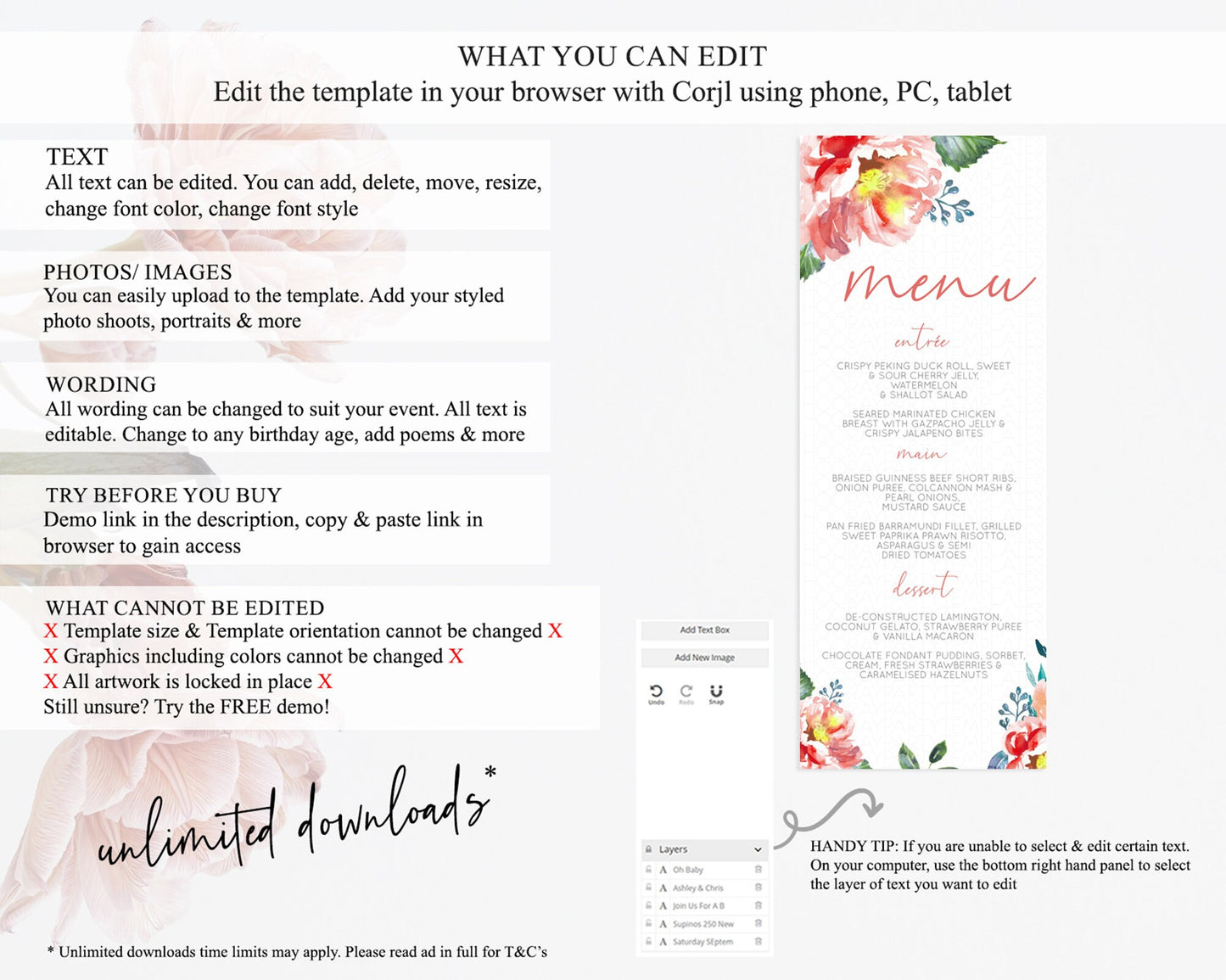 Secret Garden Menu Wildflower Menu Template Pastel Flower Garden Table Decor Boho Floral Dinner Dessert Floral Party Food Menu D10751