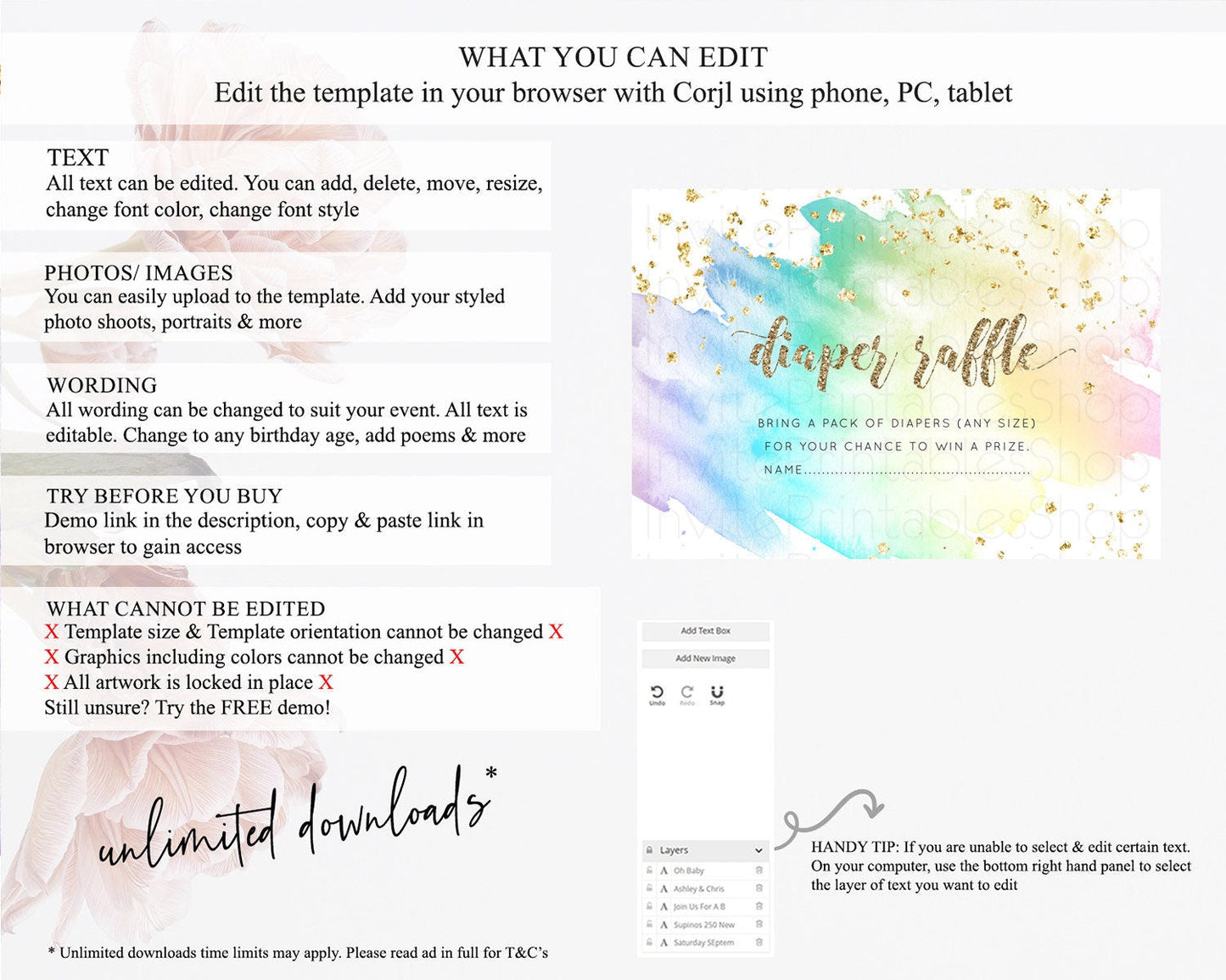 Pastel Diaper Raffle Card Pastel Rainbow Diaper Raffle Insert Colorful Ombre Watercolor Diaper Ticket Confetti Glitter Raffle Game D10259