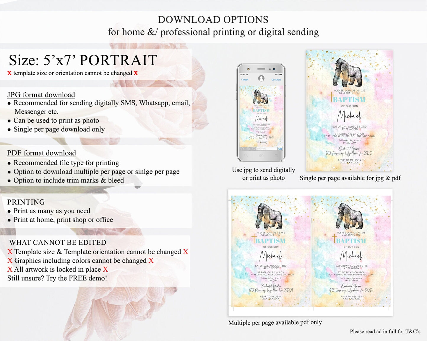 Pastel Gorilla Baptism Invitation Ombre Gorilla Baptism 1st Birthday Invitation Rainbow Watercolor Safari Christening Invitation D10284