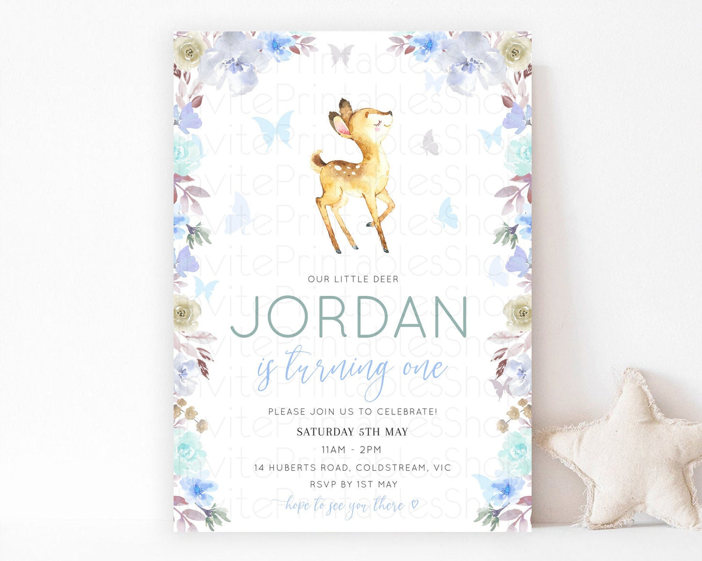 Fawn Birthday Invitation Deer Birthday Invitation Enchanted Forest Party Butterfly Pastel Flowers Whimsical 2nd 1st First Birthday D10960