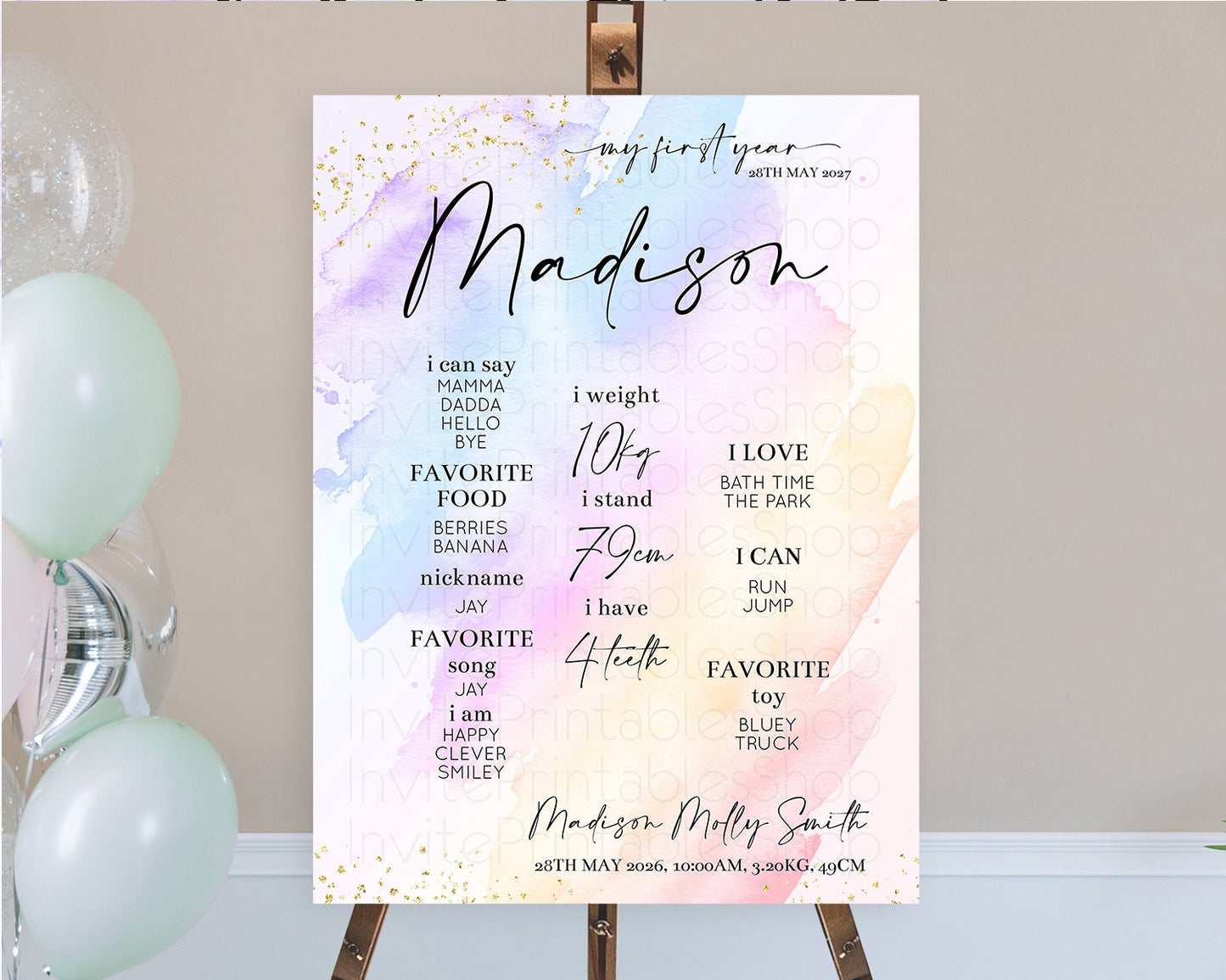 Pastel First Birthday Milestone Board Pastel Rainbow Milestone Poster Colorful Confetti Watercolor Glitter 1st Birthday Welcome Sign D10635