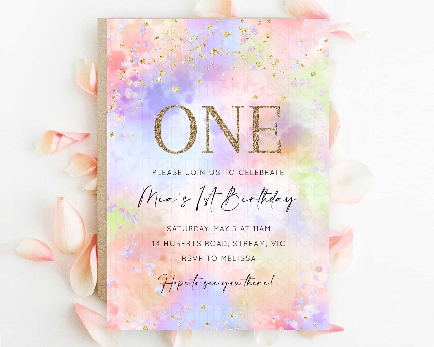 Rainbow Birthday Invitation Colorful Pastel Watercolor Invitation Gold Glitter Sprinkles Ombre Pastel 1st 2nd 3rd Birthday D10610