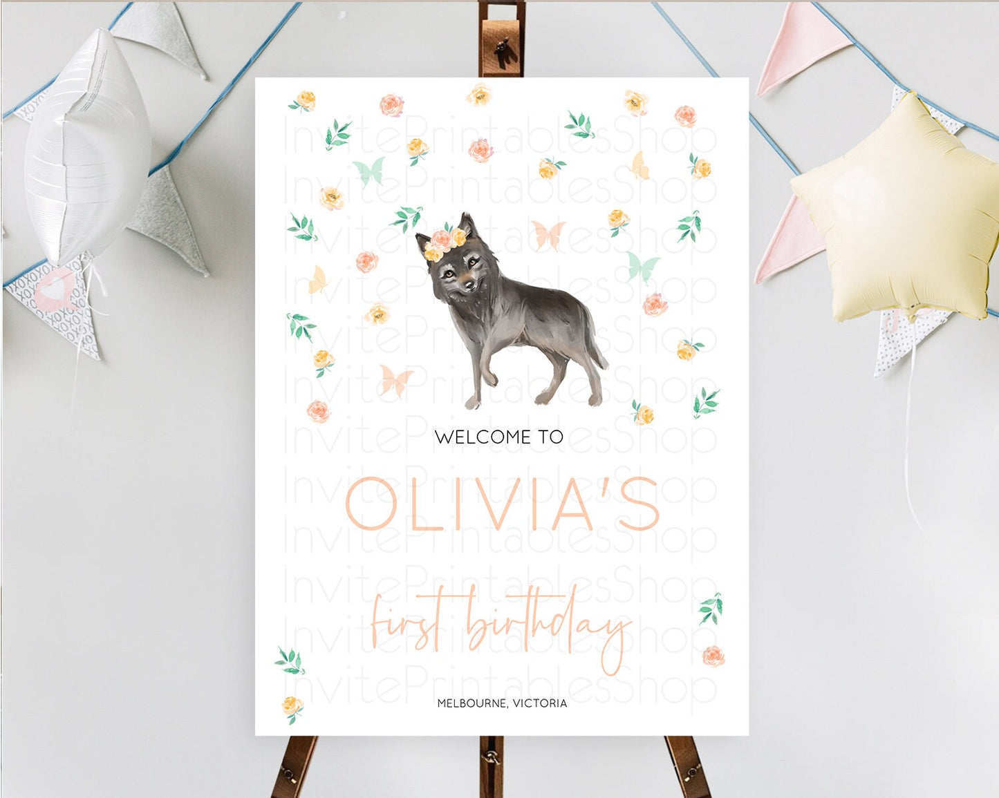 Wolf Welcome Sign Wolf Welcome Board Pastel Floral Wolf Welcome Poster Forest Wolf Party Decor Wolf First Birthday Welcome Sign D10362
